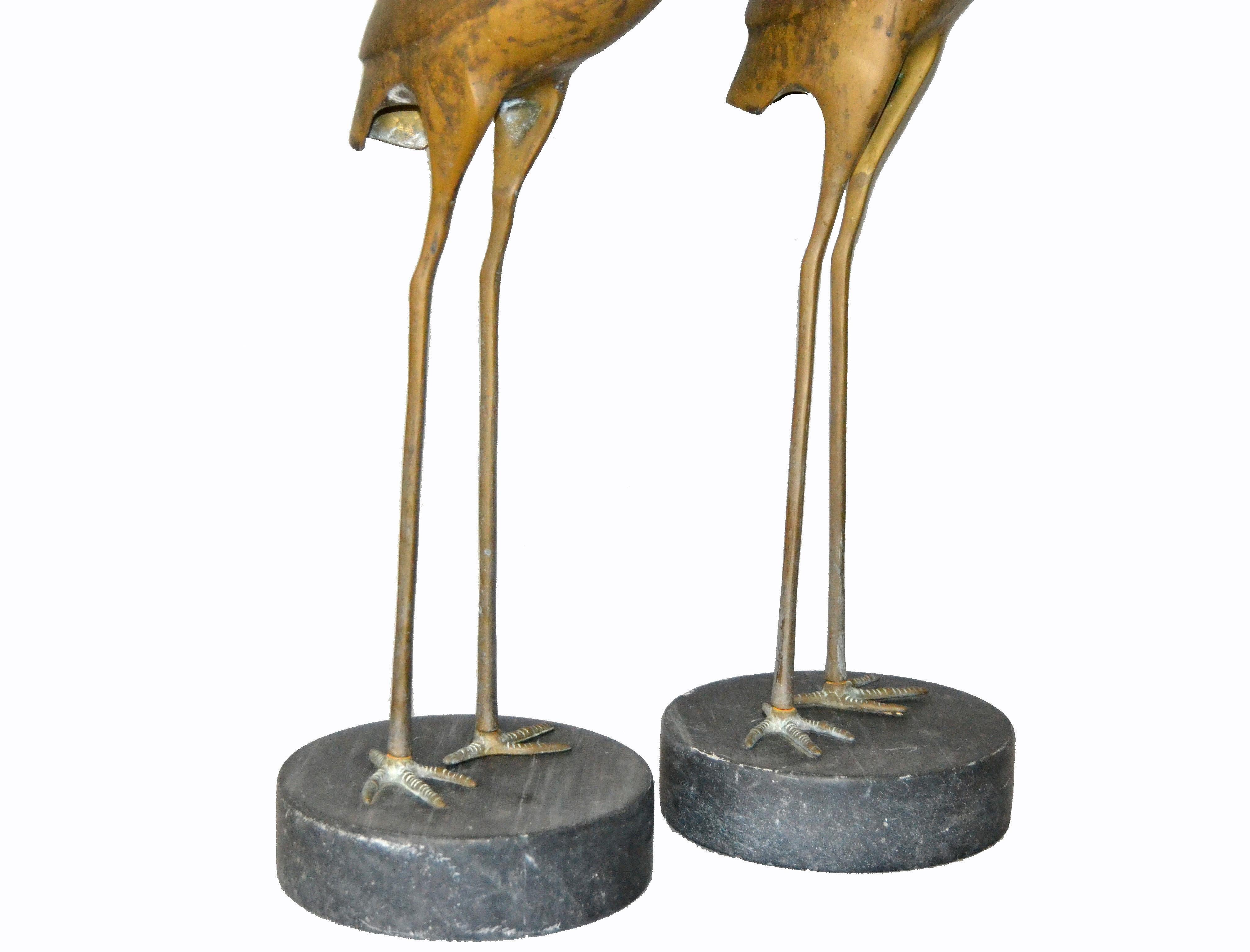 Hollywood Regency Asian Style Bronze Crane Sculptures Black Marble Base, a Pair 6