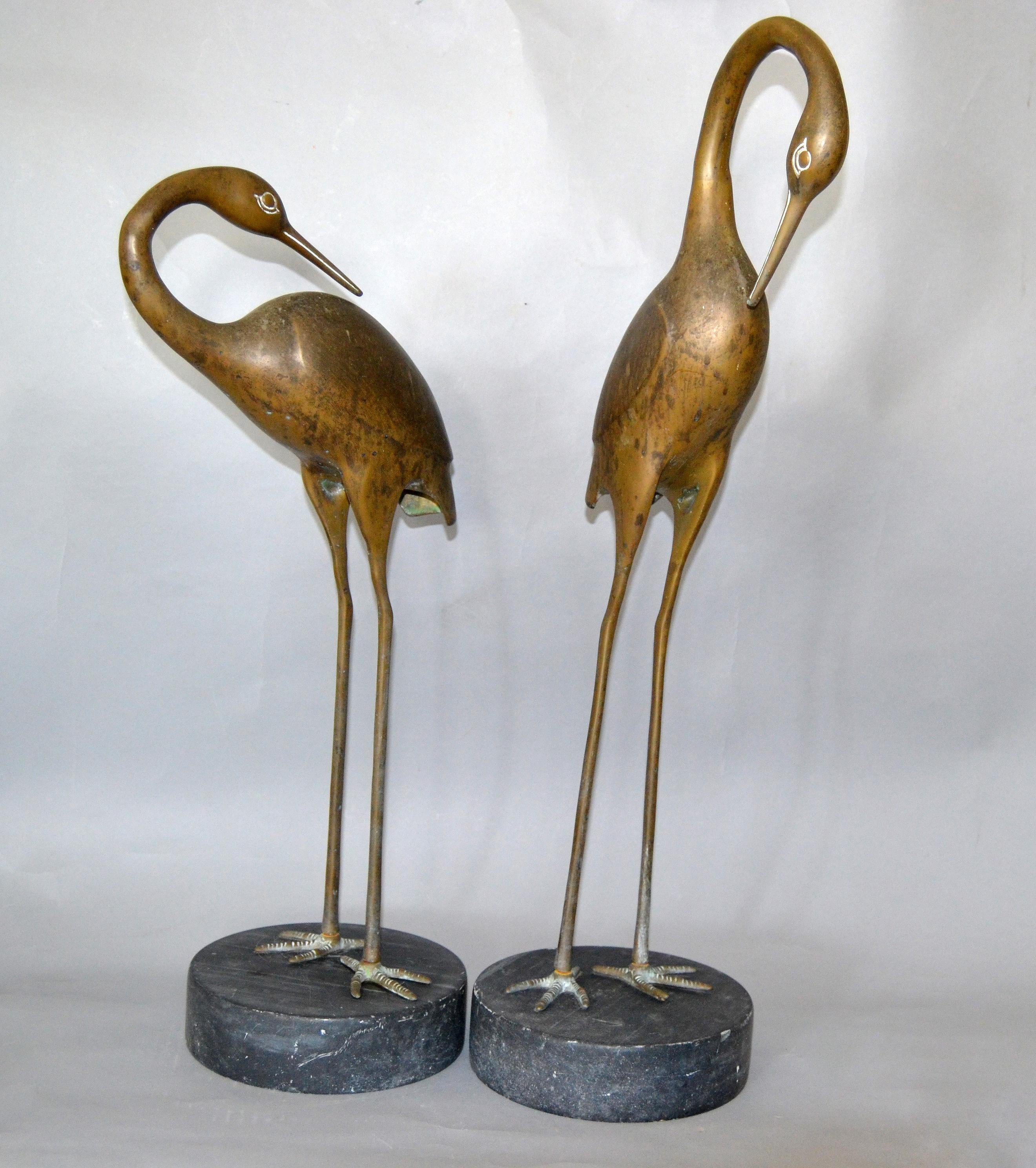 Hollywood Regency Asian Style Bronze Crane Sculptures Black Marble Base, a Pair 9