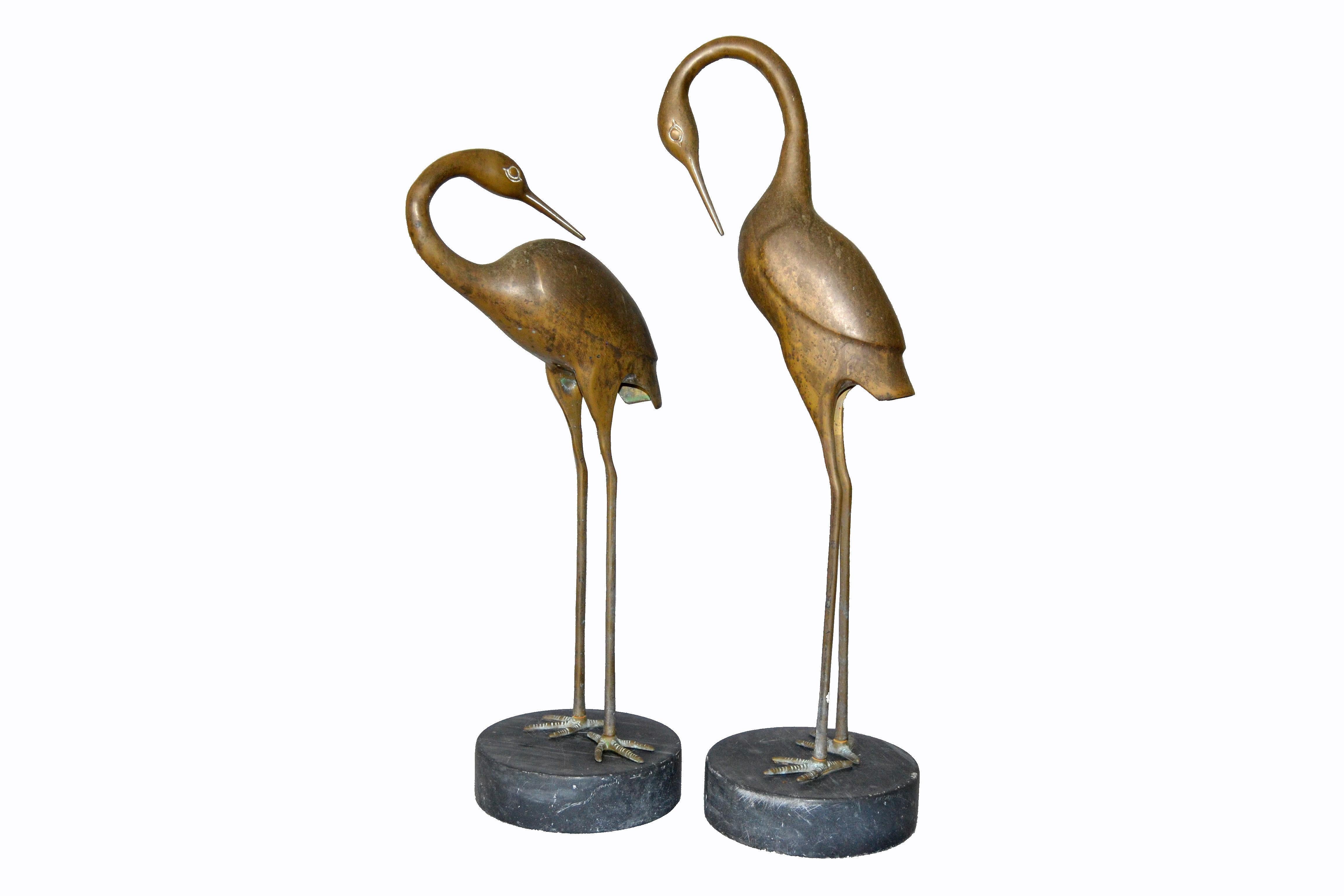 American Hollywood Regency Asian Style Bronze Crane Sculptures Black Marble Base, a Pair