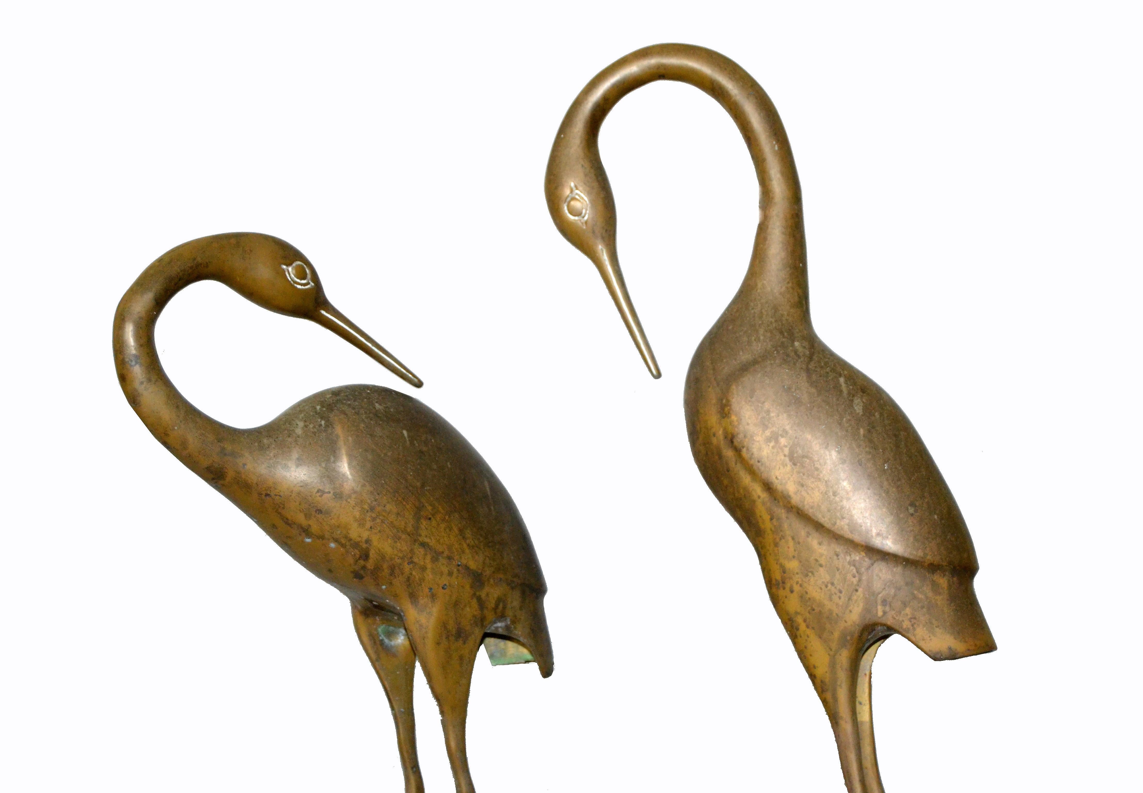 Hollywood Regency Asian Style Bronze Crane Sculptures Black Marble Base, a Pair In Good Condition In Miami, FL