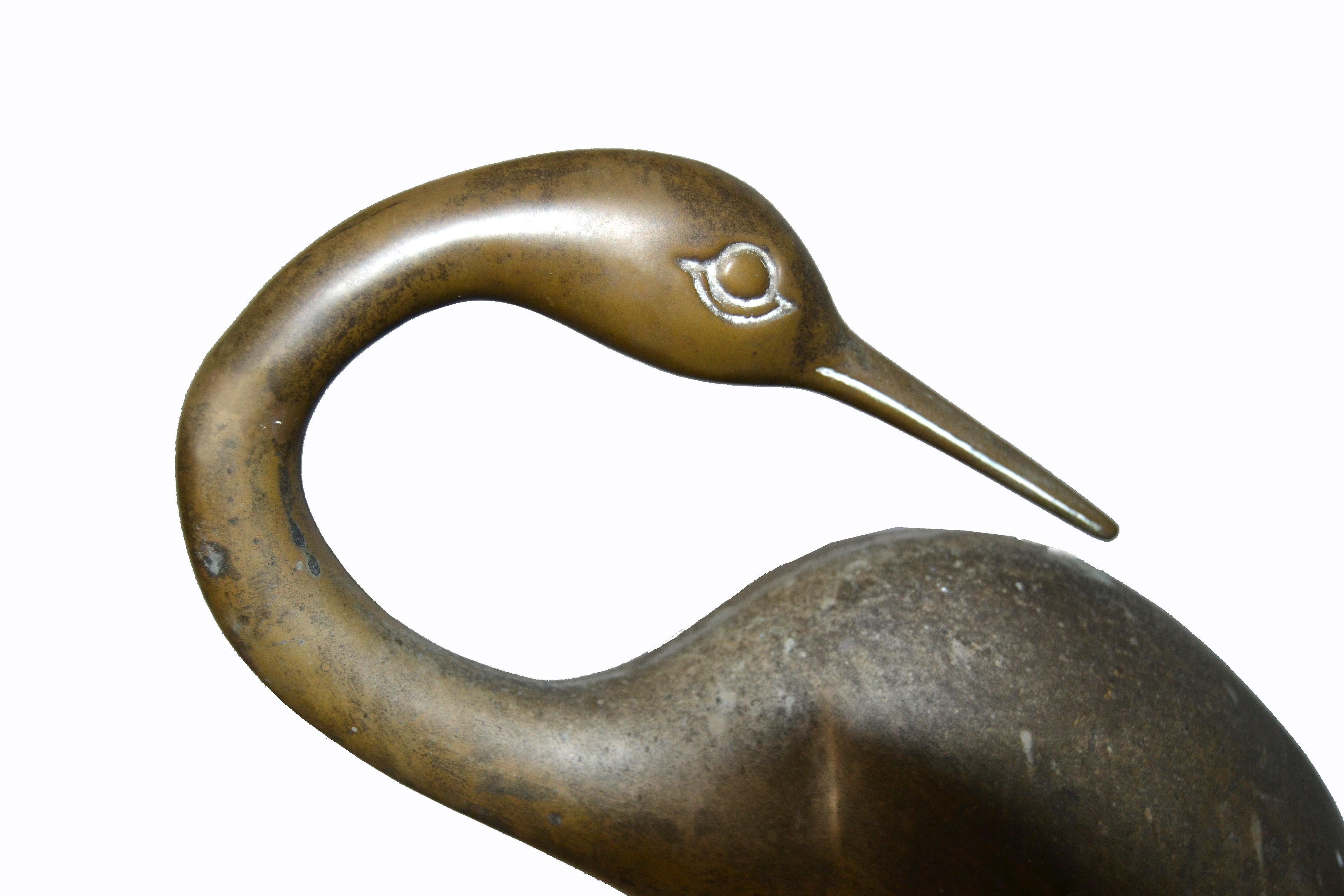 Late 20th Century Hollywood Regency Asian Style Bronze Crane Sculptures Black Marble Base, a Pair