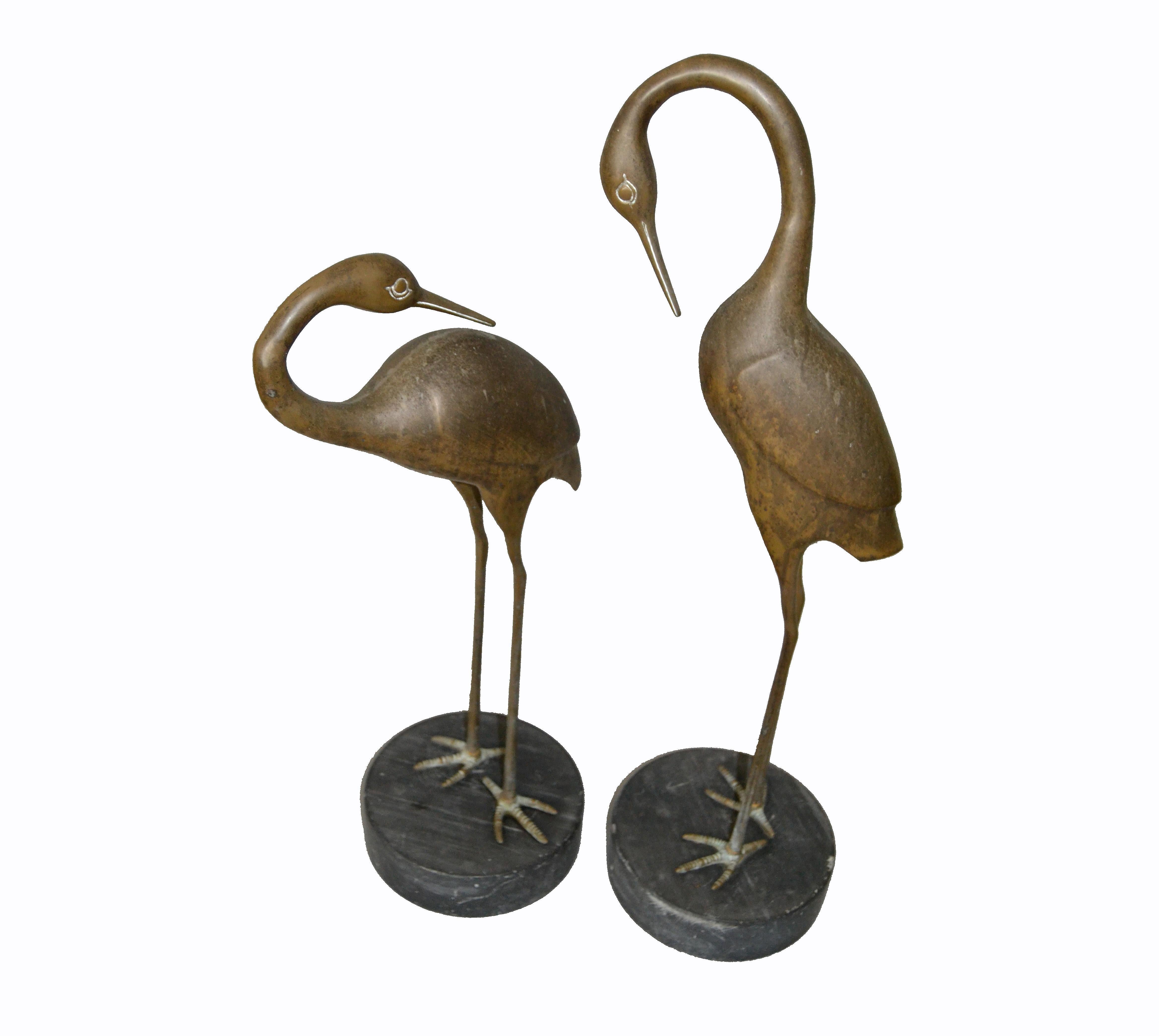 Hollywood Regency Asian Style Bronze Crane Sculptures Black Marble Base, a Pair 1