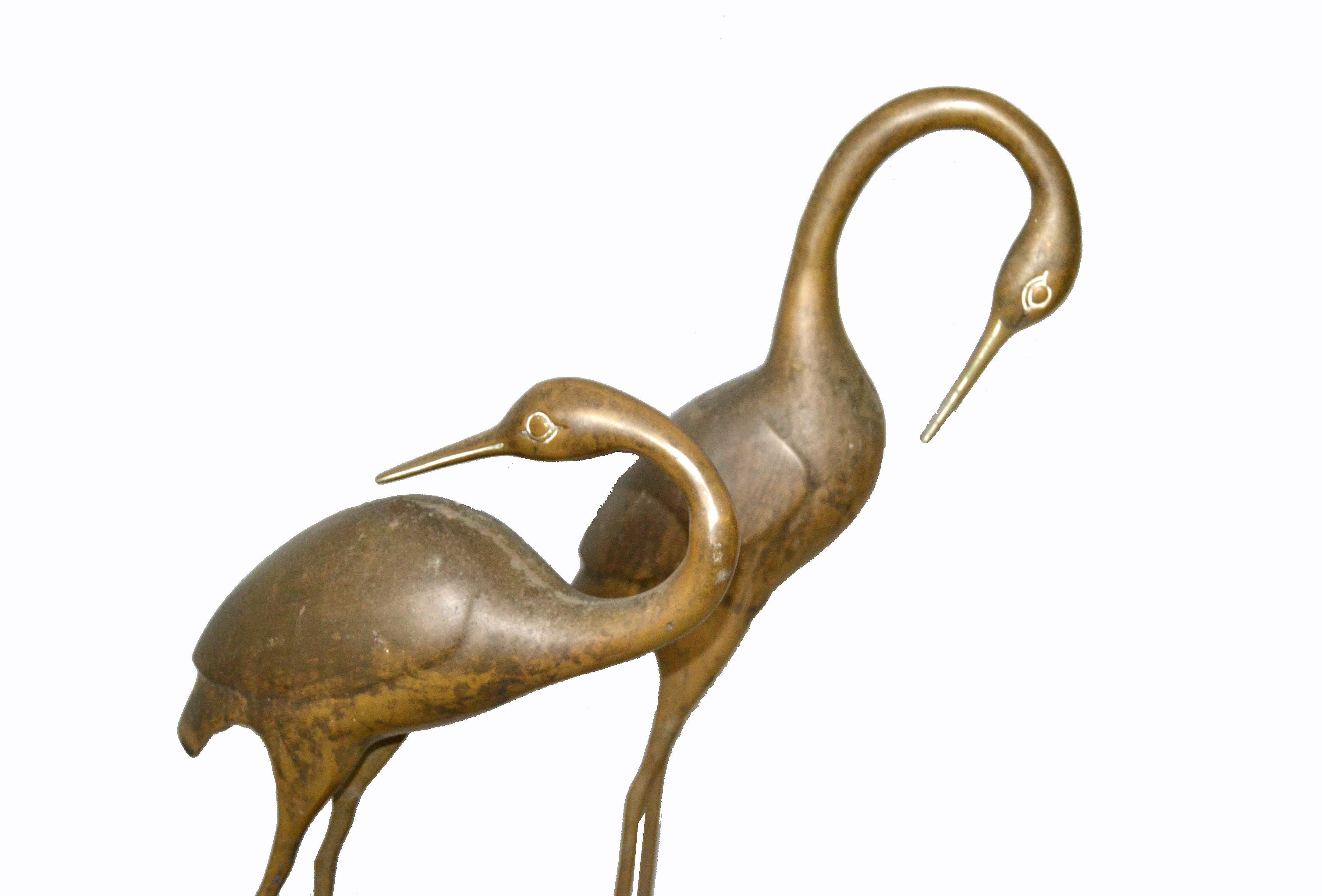 Hollywood Regency Asian Style Bronze Crane Sculptures Black Marble Base, a Pair 3