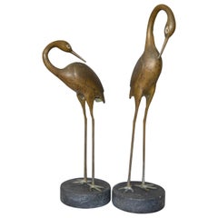 Hollywood Regency Asian Style Bronze Crane Sculptures Black Marble Base, a Pair