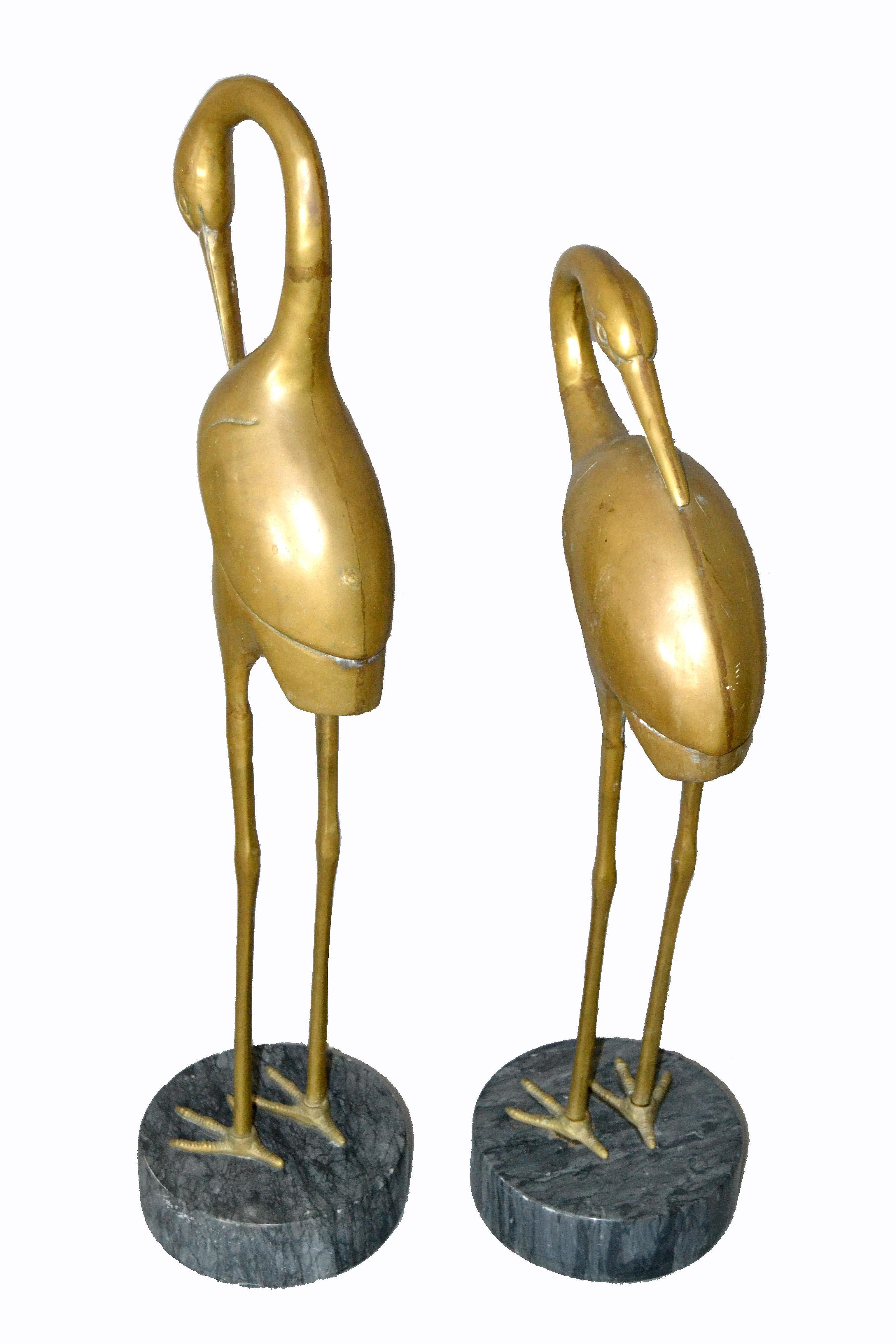 Hollywood Regency Asian Style Bronze Crane Sculptures Gray Marble Base - A Pair 4