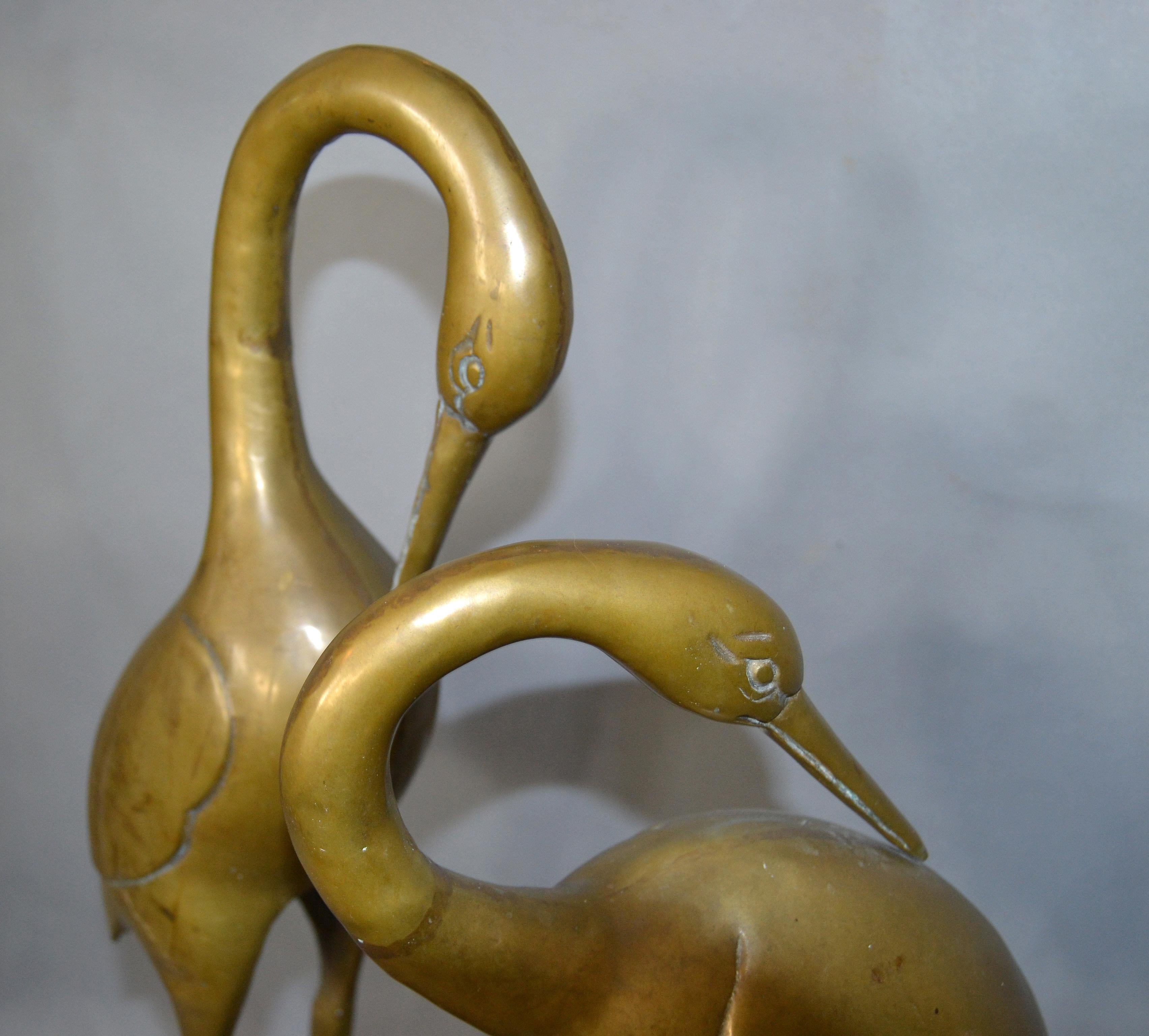 Hollywood Regency Asian Style Bronze Crane Sculptures Gray Marble Base - A Pair 7