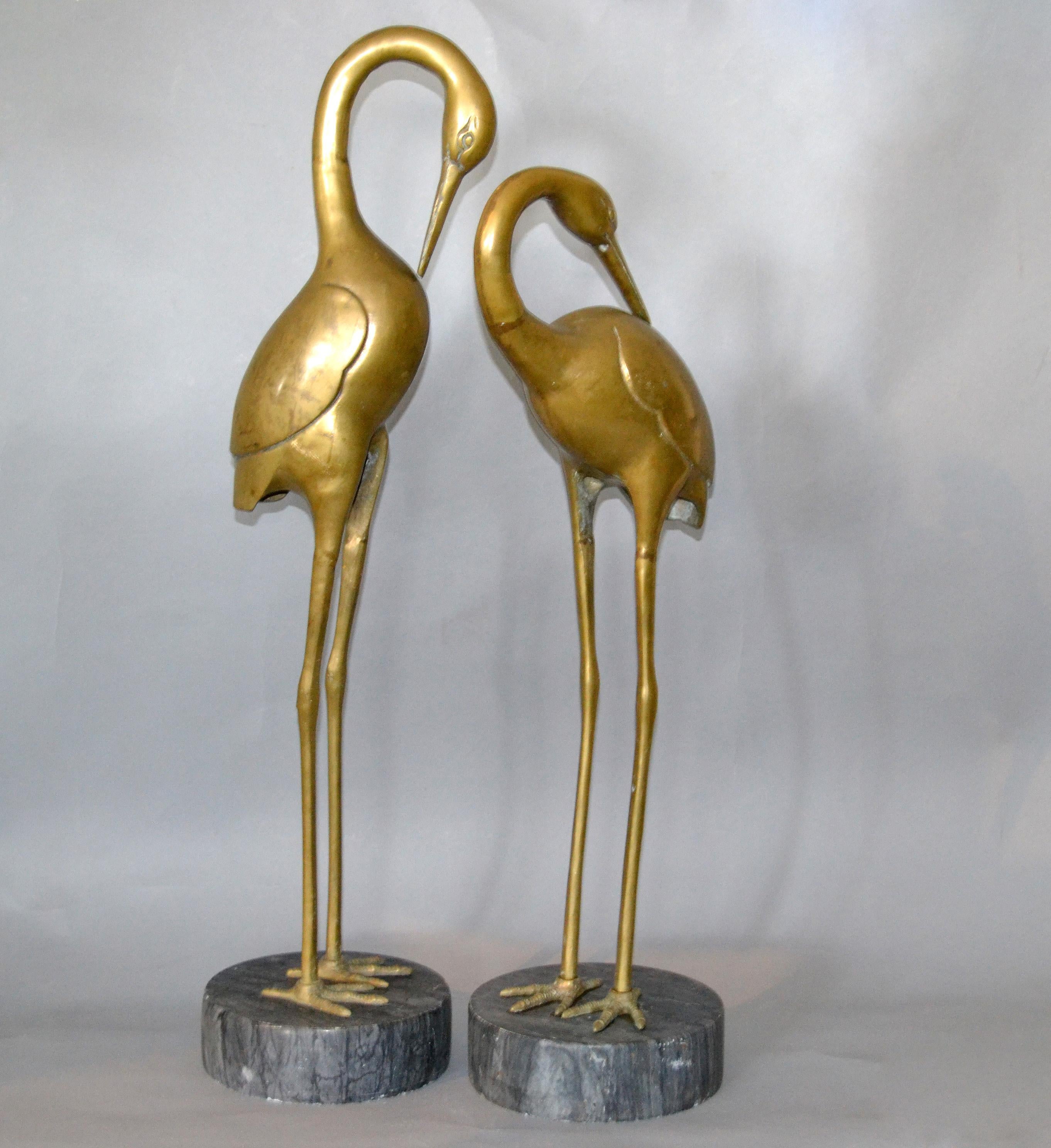 Hollywood Regency Asian Style Bronze Crane Sculptures Gray Marble Base - A Pair 8