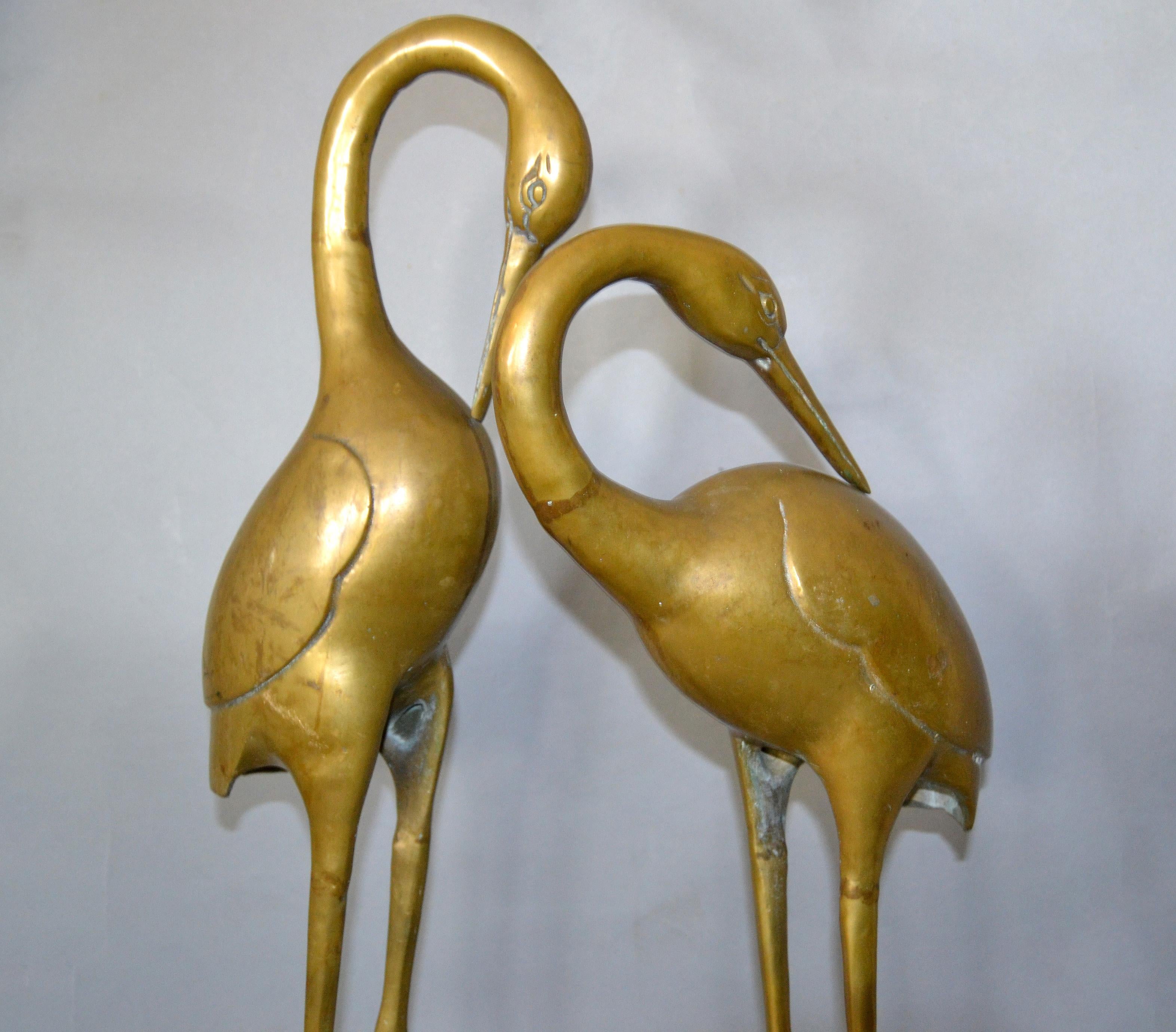 Américain Hollywood Regency Asian Style Bronze Crane Sculptures Gray Marble Base - A Pair