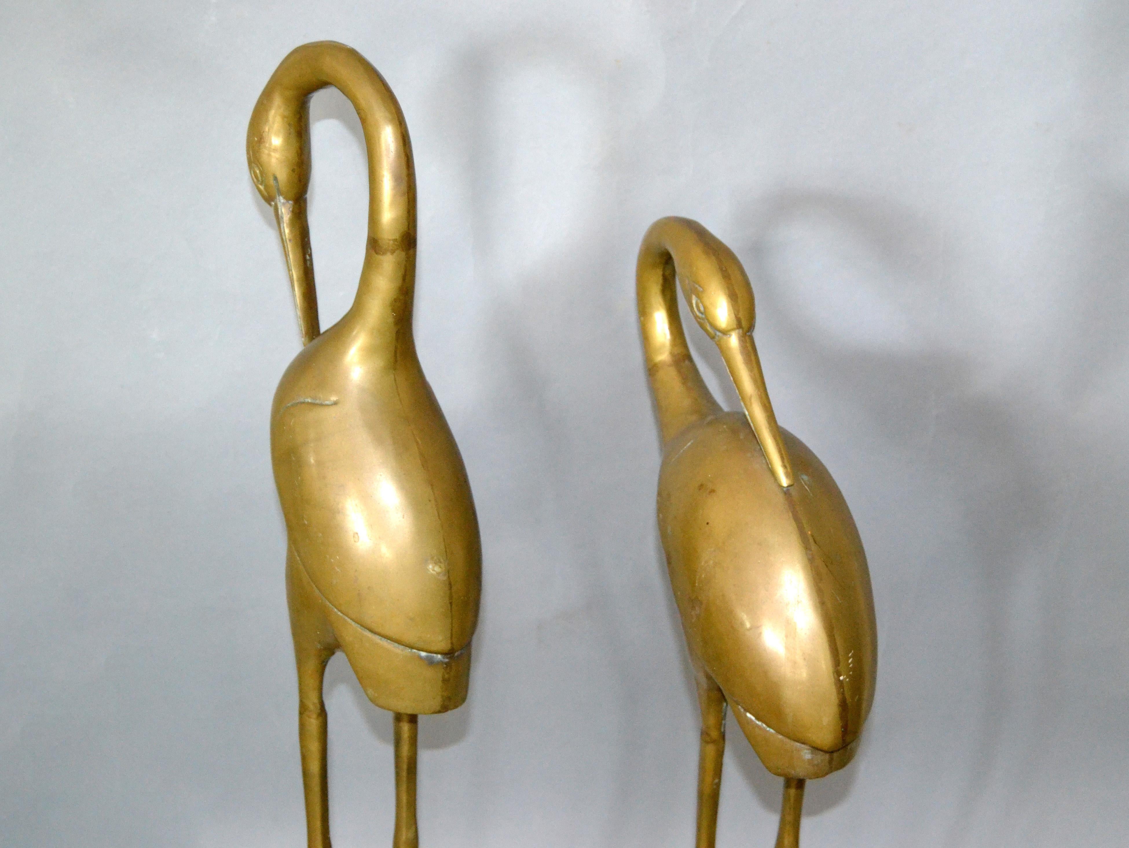 Hollywood Regency Asian Style Bronze Crane Sculptures Gray Marble Base - A Pair Bon état à Miami, FL