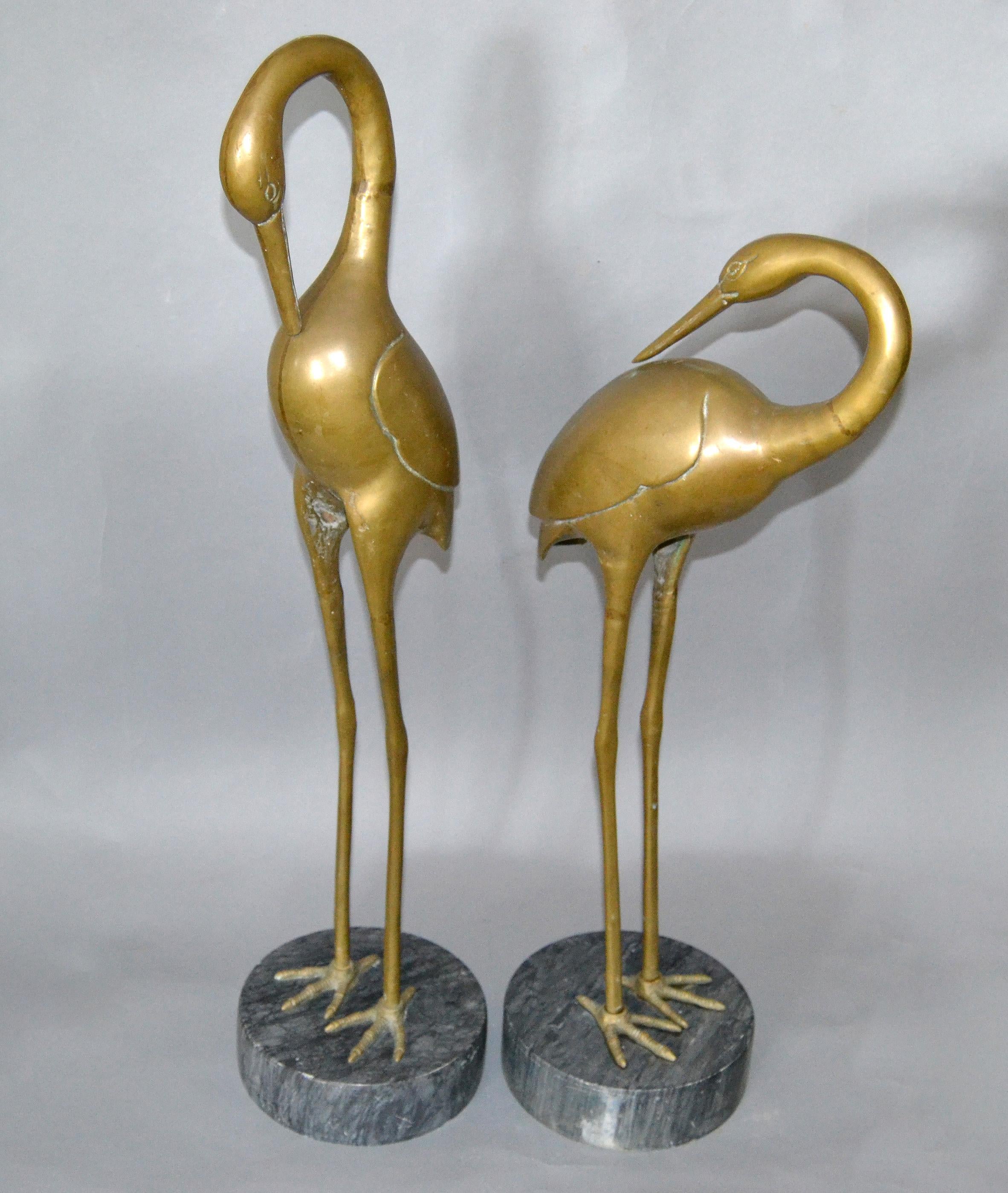 Hollywood Regency Asian Style Bronze Crane Sculptures Gray Marble Base - A Pair 2