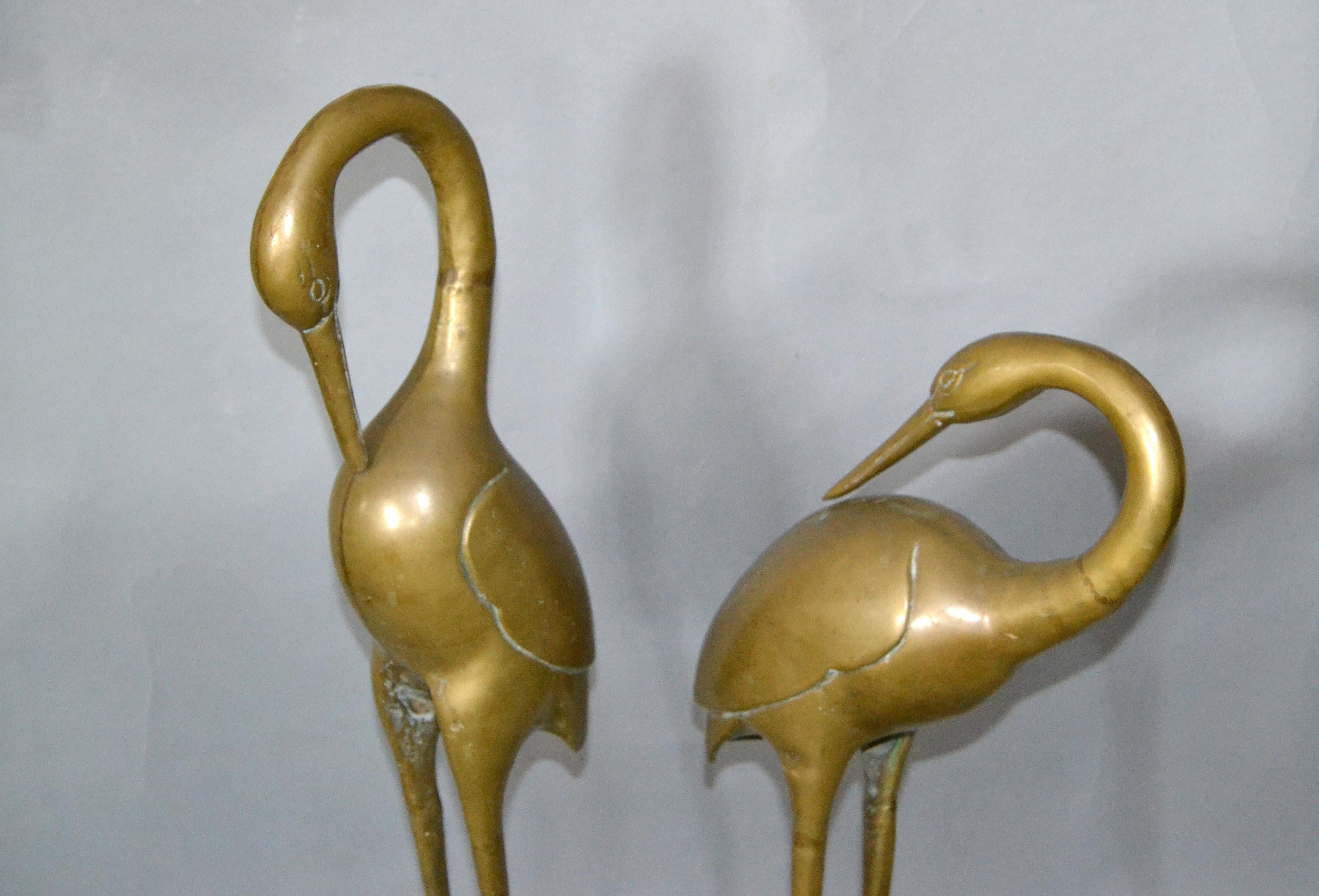 Hollywood Regency Asian Style Bronze Crane Sculptures Gray Marble Base - A Pair 3
