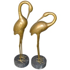 Hollywood Regency Asian Style Bronze Crane Sculptures Gray Marble Base - A Pair