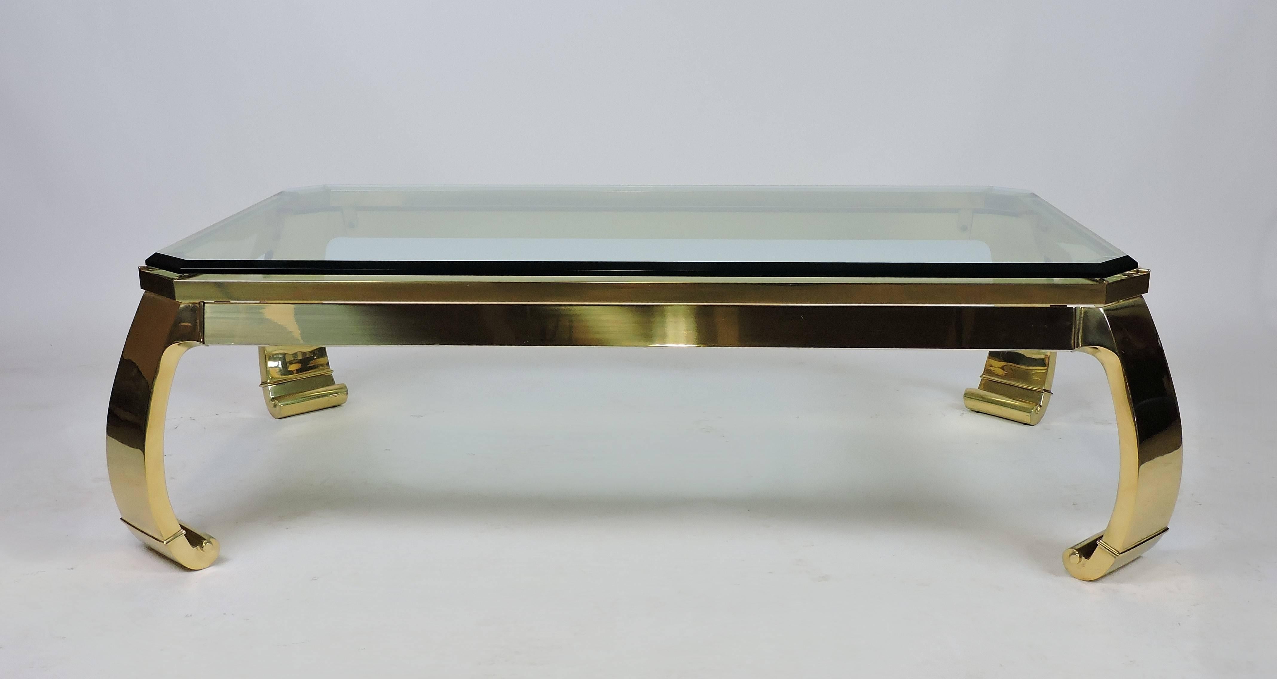 Beveled Italian Brass and Glass Coffee Table Hollywood Regency Asian Style