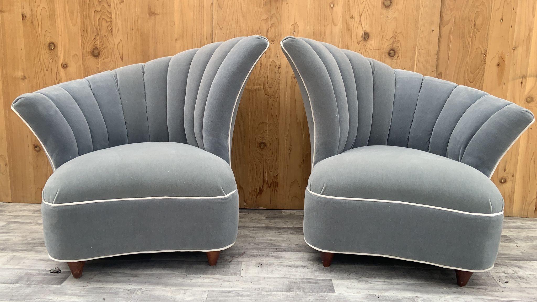 Hollywood Regency Asymmetrical Deco Channel Back Lounge Newly Upholstered - Pair For Sale 5