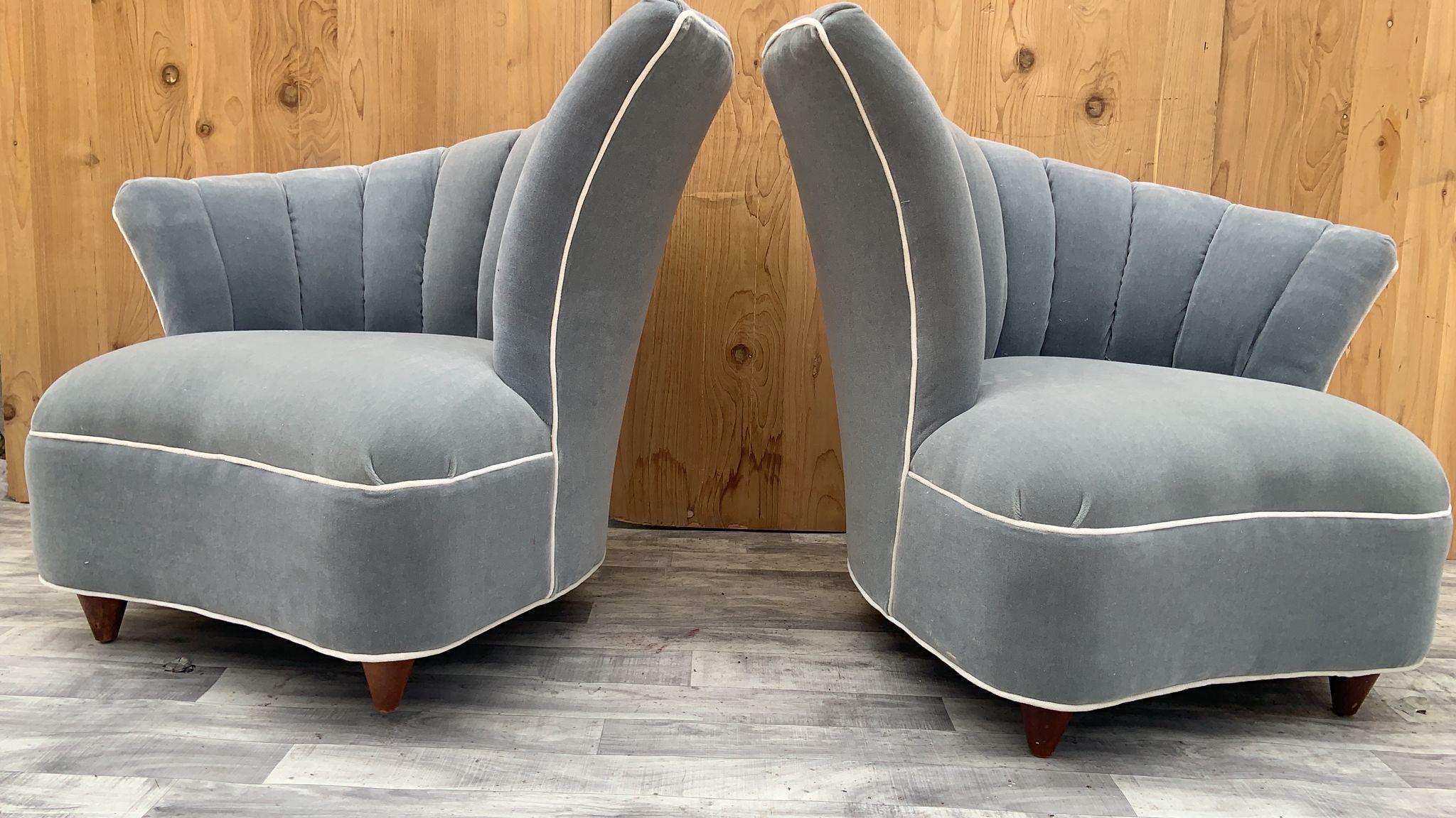 Hollywood Regency Asymmetrical Deco Channel Back Lounges Newly Upholstered in Parisian Blu & Creme Mohair - Pair

Gorgeous Hollywood Regency Pair of Asymmetrical Deco Channel-Back Lounges. The Lounges have been Completely Custom Upholstered in a