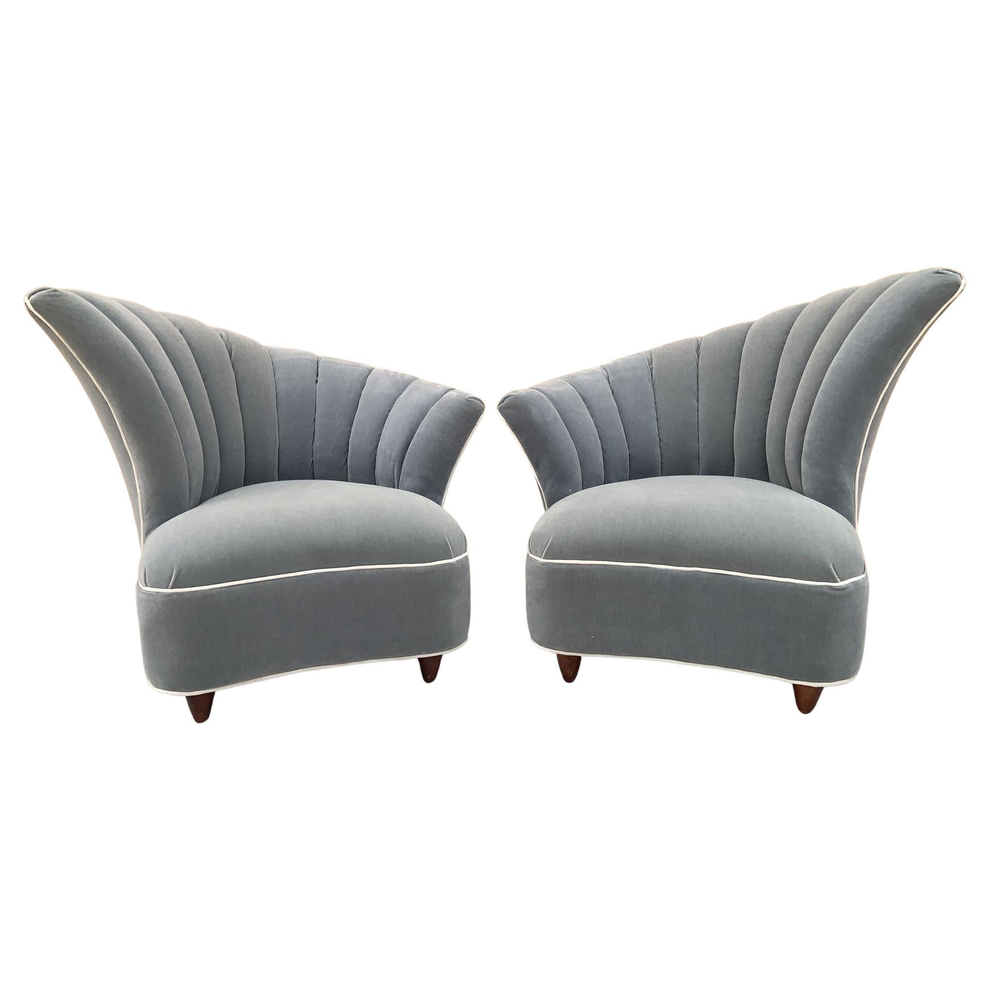 Hollywood Regency Asymmetrical Deco Channel Back Lounge Newly Upholstered - Pair For Sale