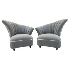 Retro Hollywood Regency Asymmetrical Deco Channel Back Lounge Newly Upholstered - Pair