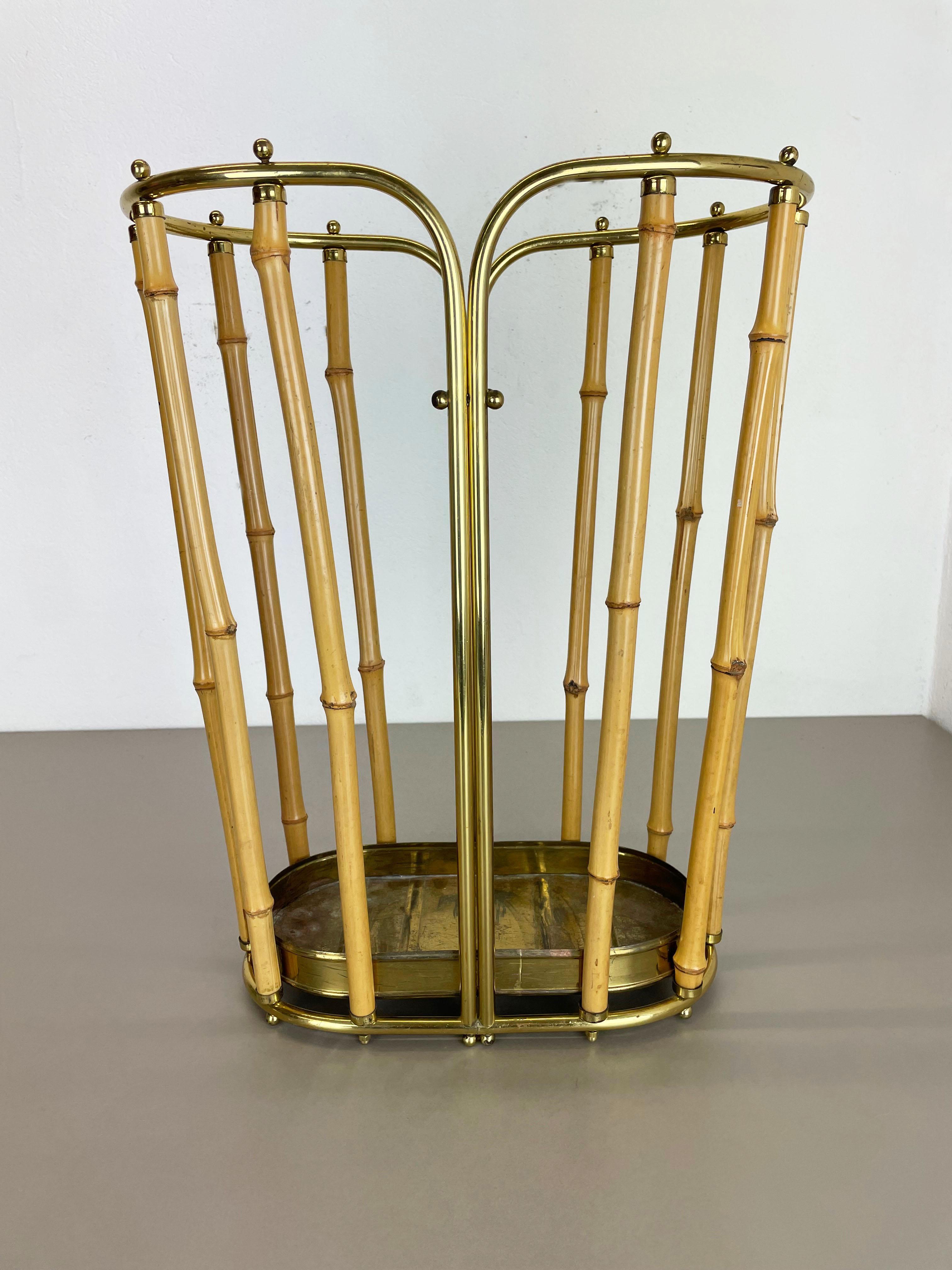 Bauhaus Hollywood Regency Auböck Style Brass Bamboo Umbrella Stand, Austria, 1950s For Sale