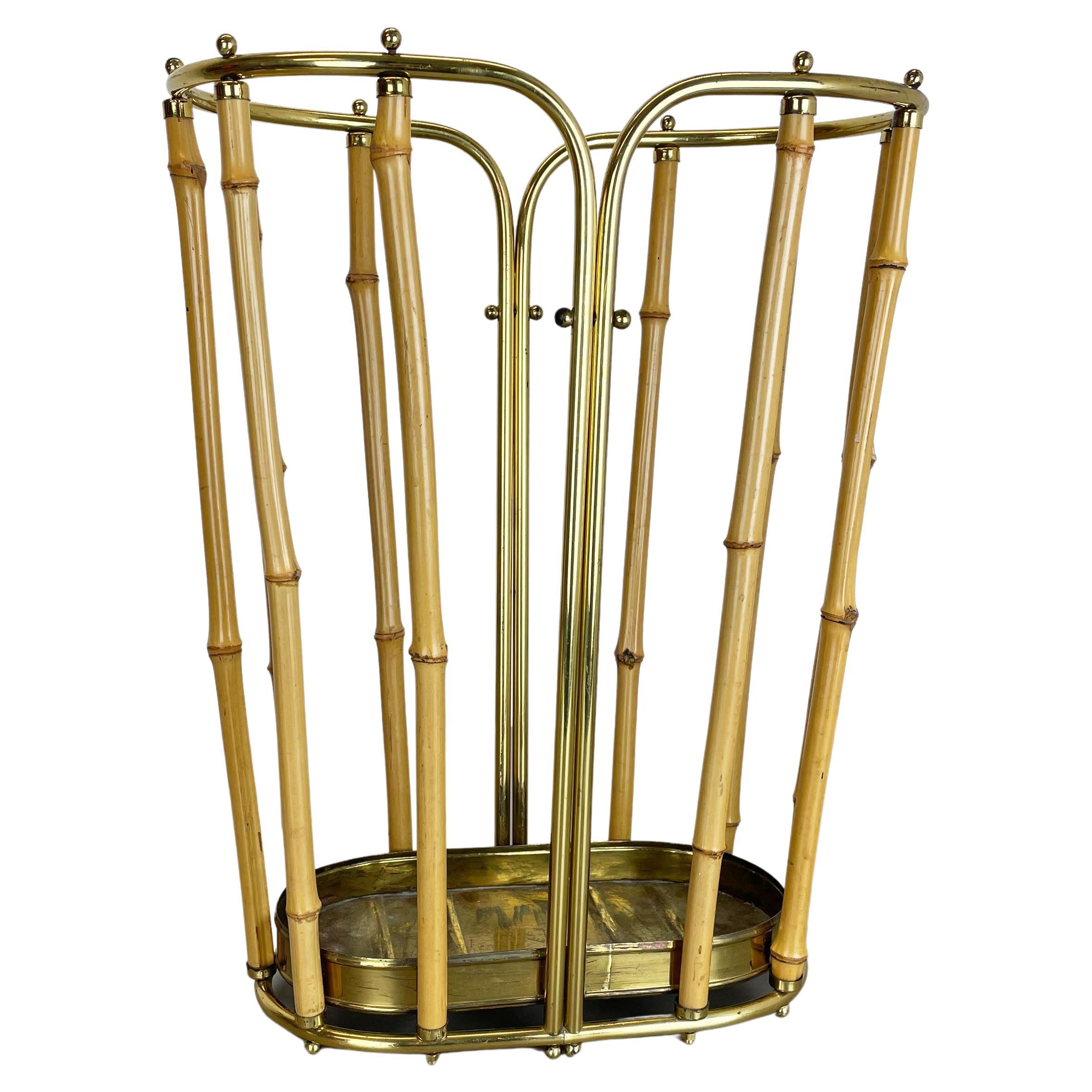 Hollywood Regency Auböck Style Brass Bamboo Umbrella Stand, Austria, 1950s For Sale