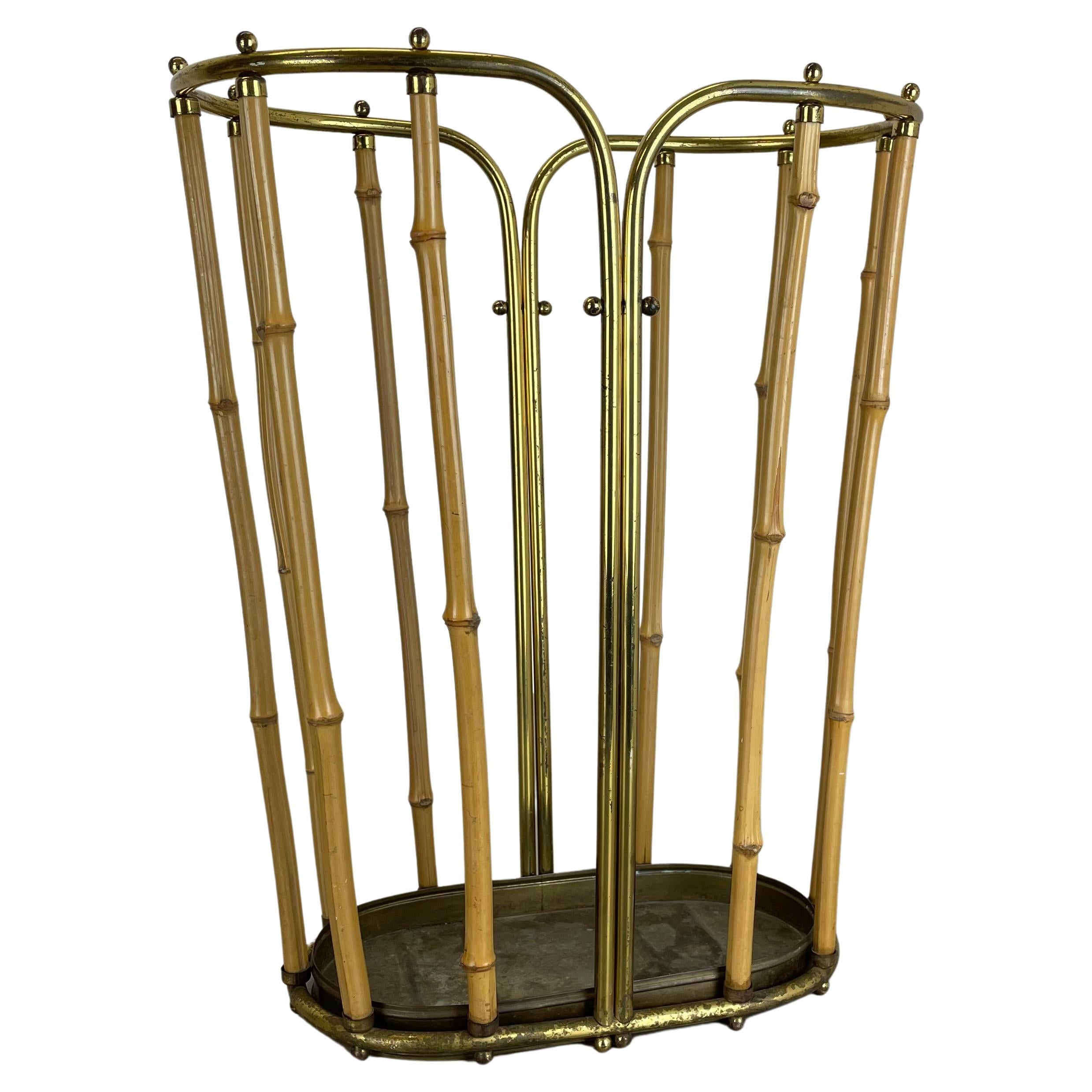 Hollywood Regency Auböck Style Brass Bamboo Umbrella Stand, Austria, 1950s For Sale