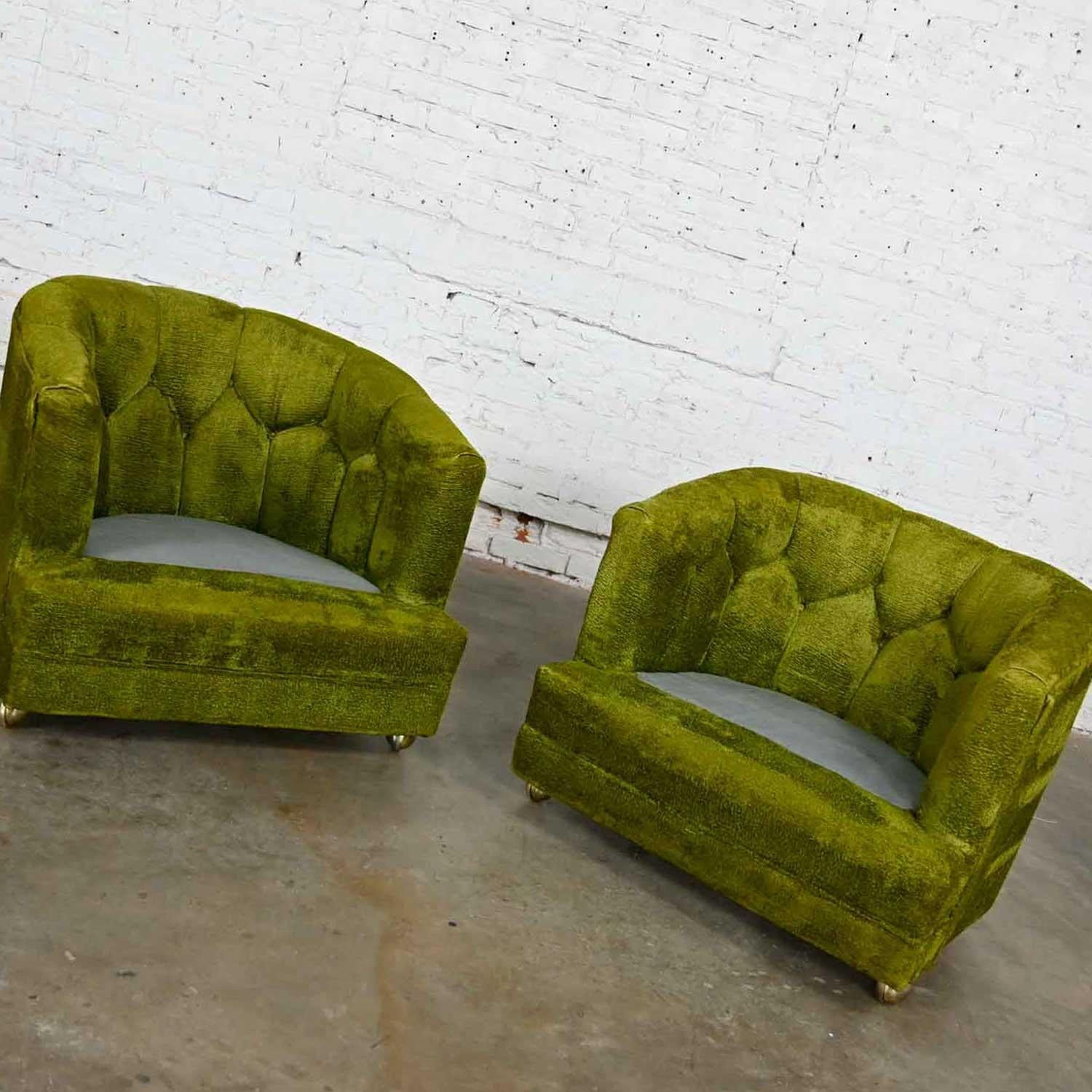 Hollywood Regency Avocado Green Crushed Chenille Button Tufted Barrel Chairs a P 2