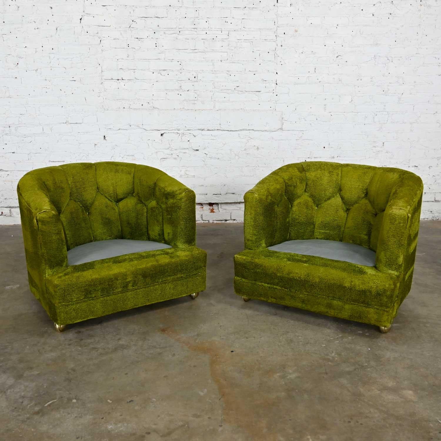Hollywood Regency Avocado Green Crushed Chenille Button Tufted Barrel Chairs a P 3