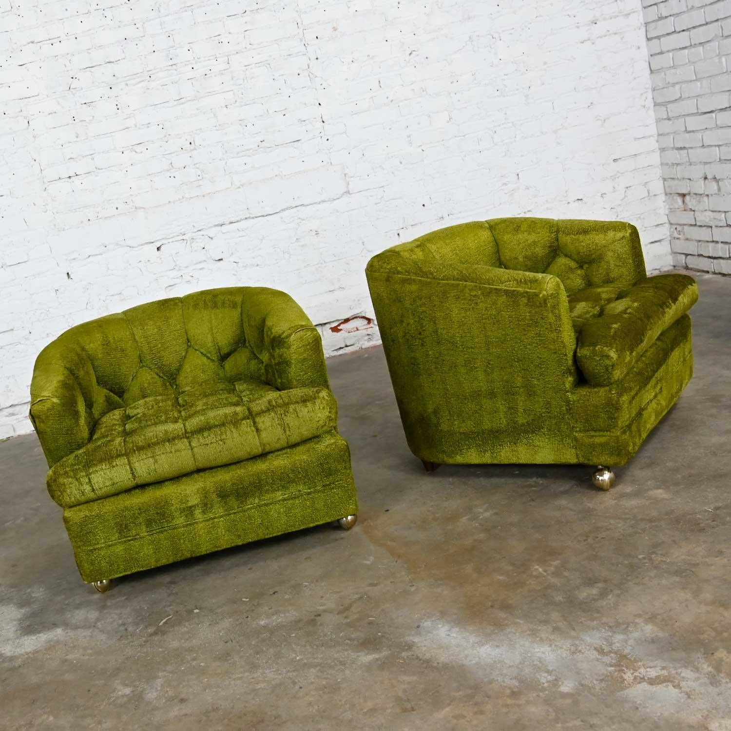 Hollywood Regency Avocado Green Crushed Chenille Button Tufted Barrel Chairs a P 4
