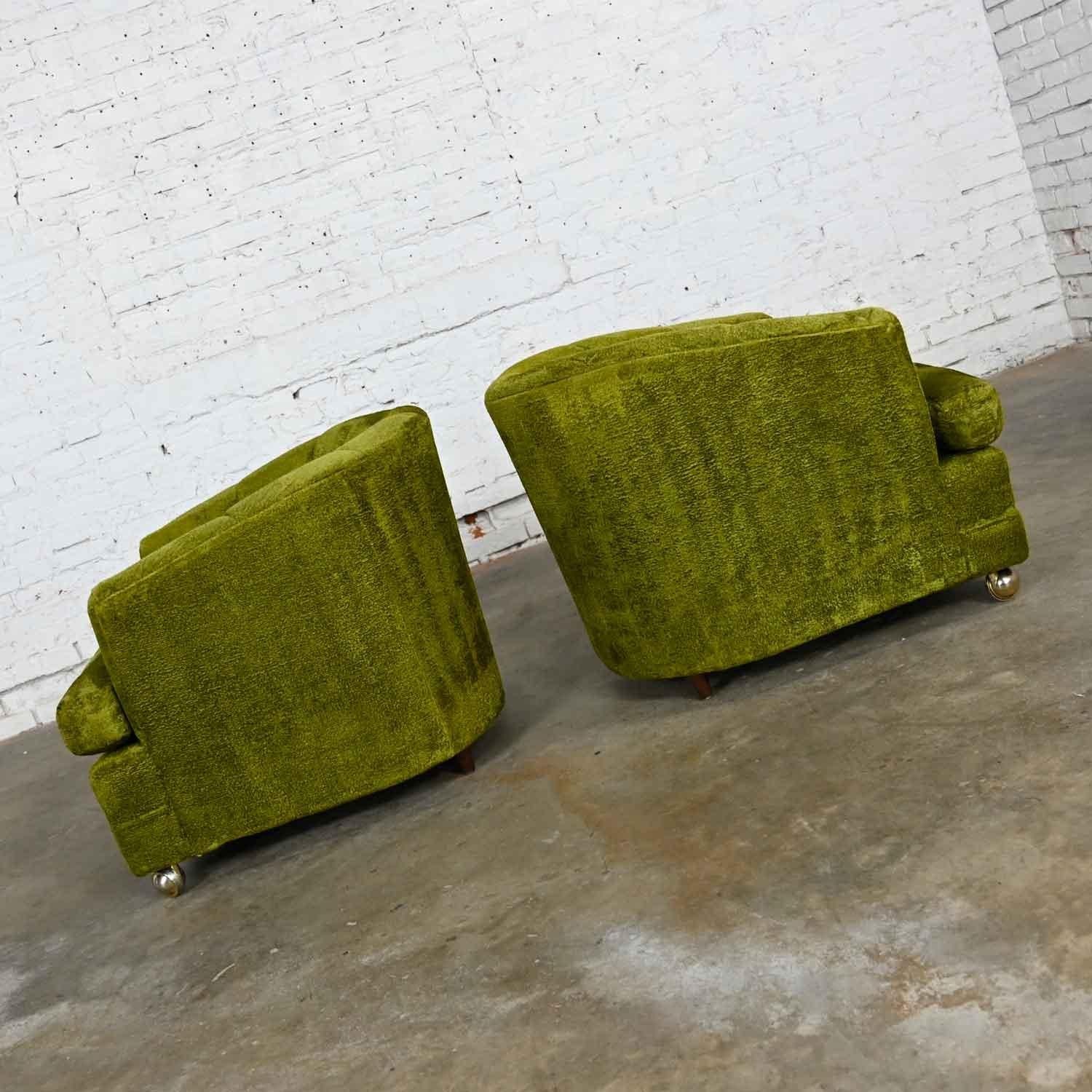 Hollywood Regency Avocado Green Crushed Chenille Button Tufted Barrel Chairs a P 5