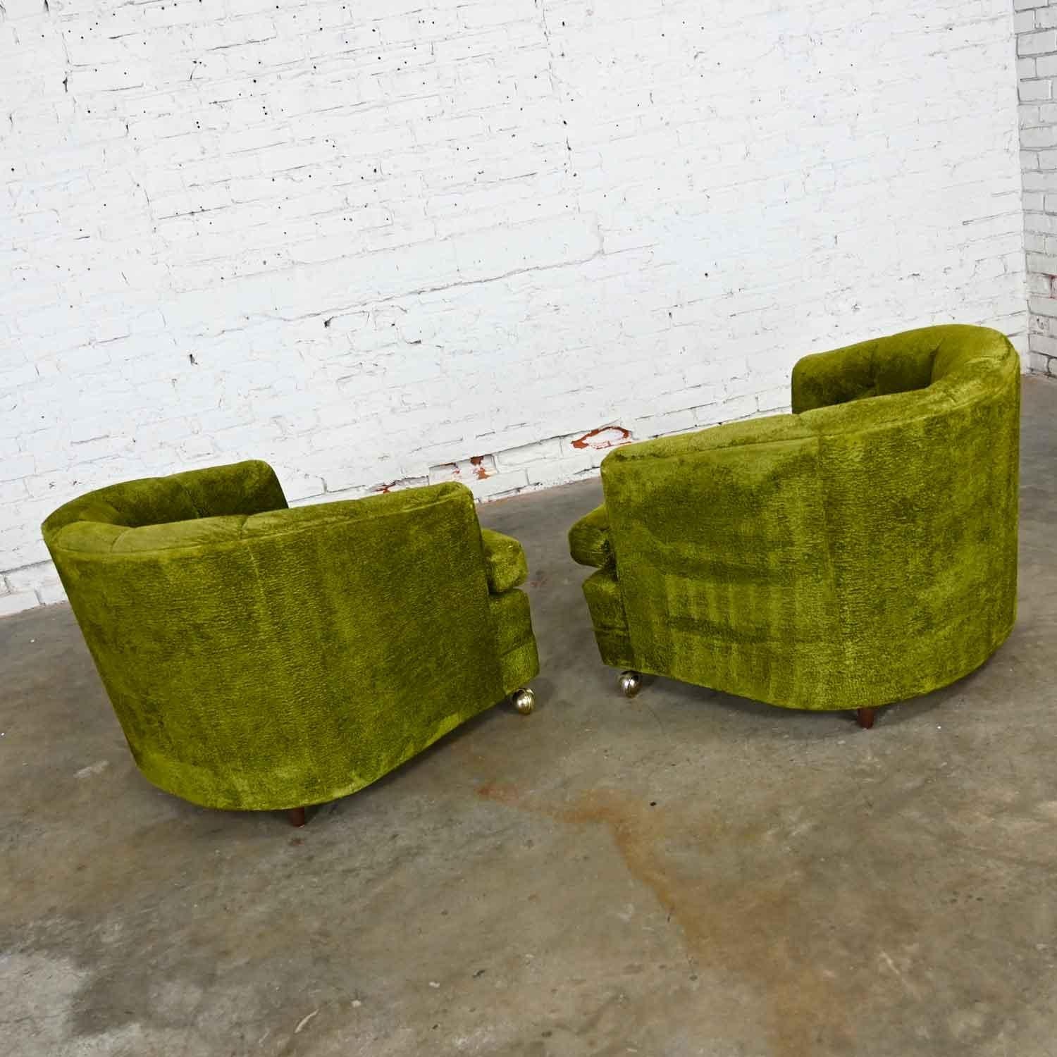 Hollywood Regency Avocado Green Crushed Chenille Button Tufted Barrel Chairs a P 6