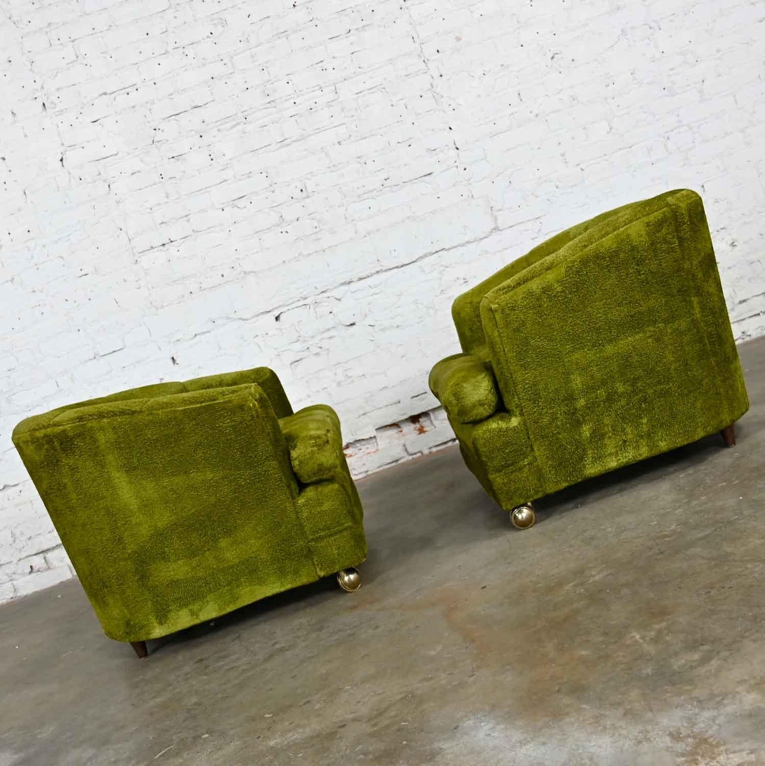 Unknown Hollywood Regency Avocado Green Crushed Chenille Button Tufted Barrel Chairs a P