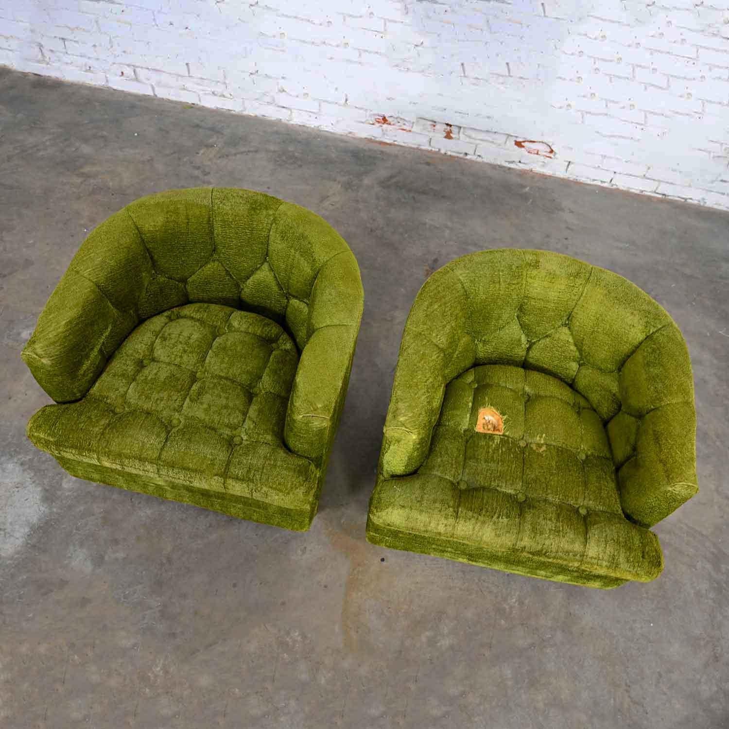 Hollywood Regency Avocado Green Crushed Chenille Button Tufted Barrel Chairs a P 1