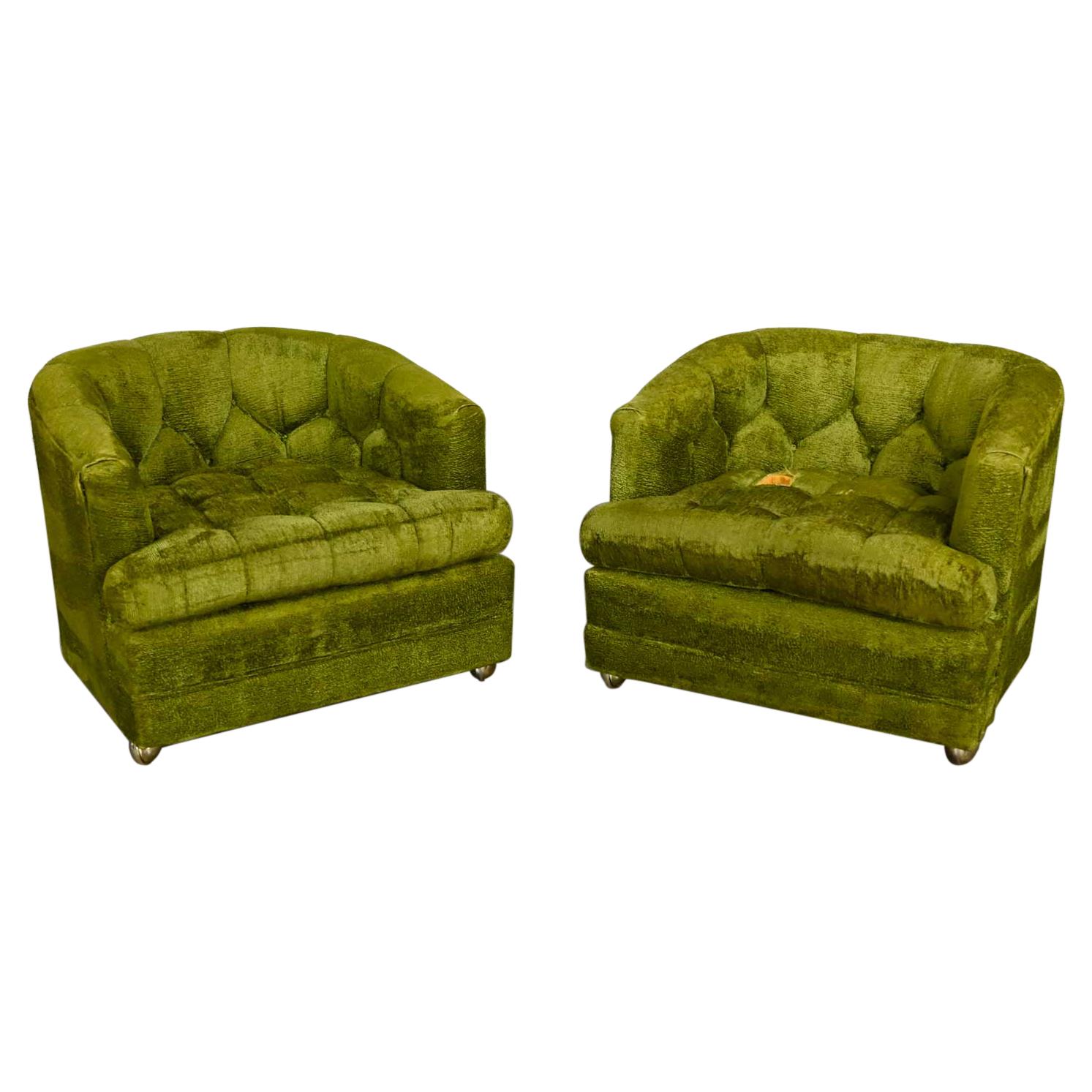 Hollywood Regency Avocado Green Crushed Chenille Button Tufted Barrel Chairs a P