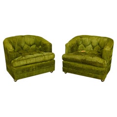 Hollywood Regency Avocado Green Crushed Chenille Button Tufted Barrel Chairs a P