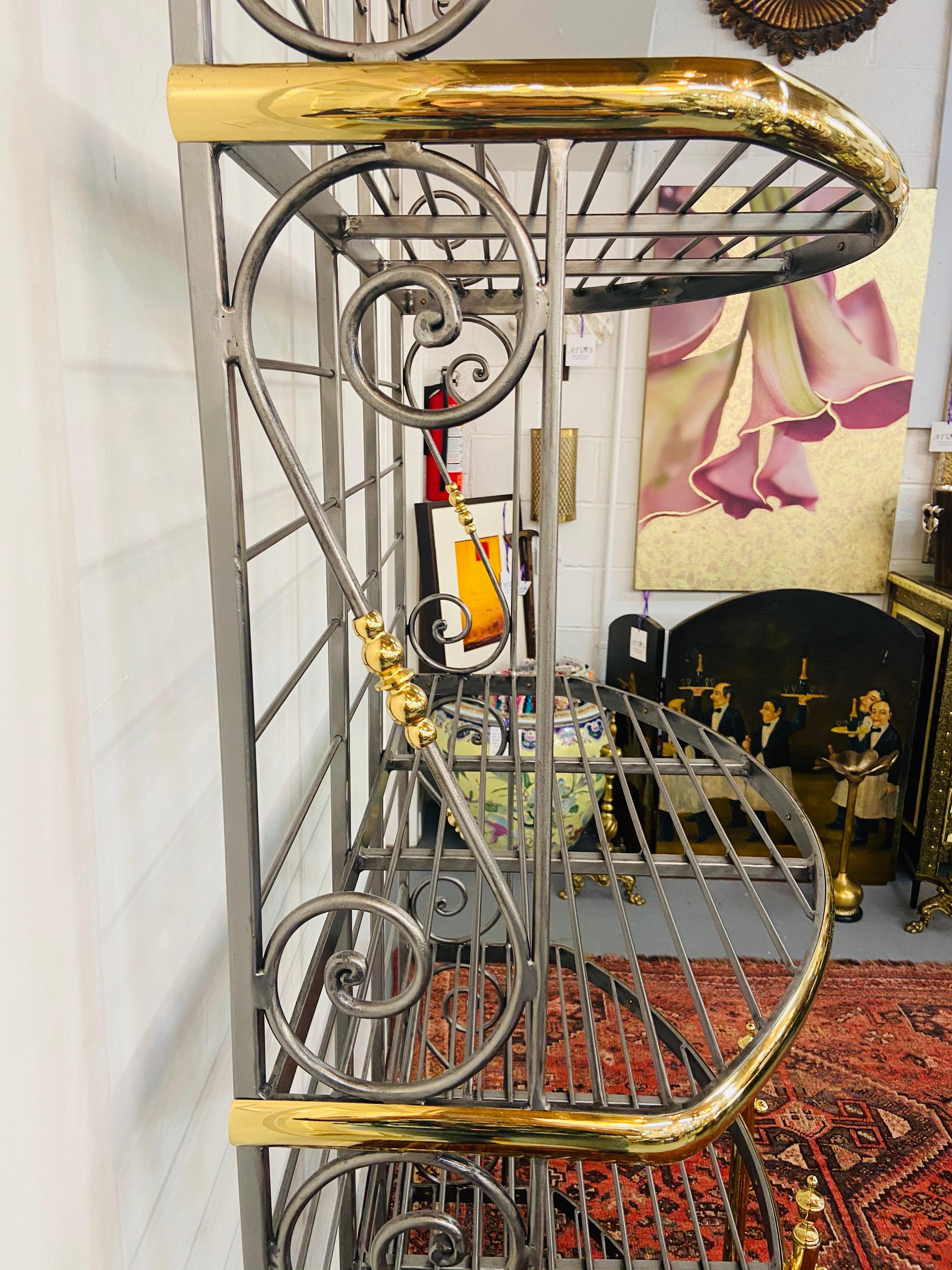 Hollywood Regency Bakers Rack or Shelf, Four-Tier Wrought Iron and Brass 5