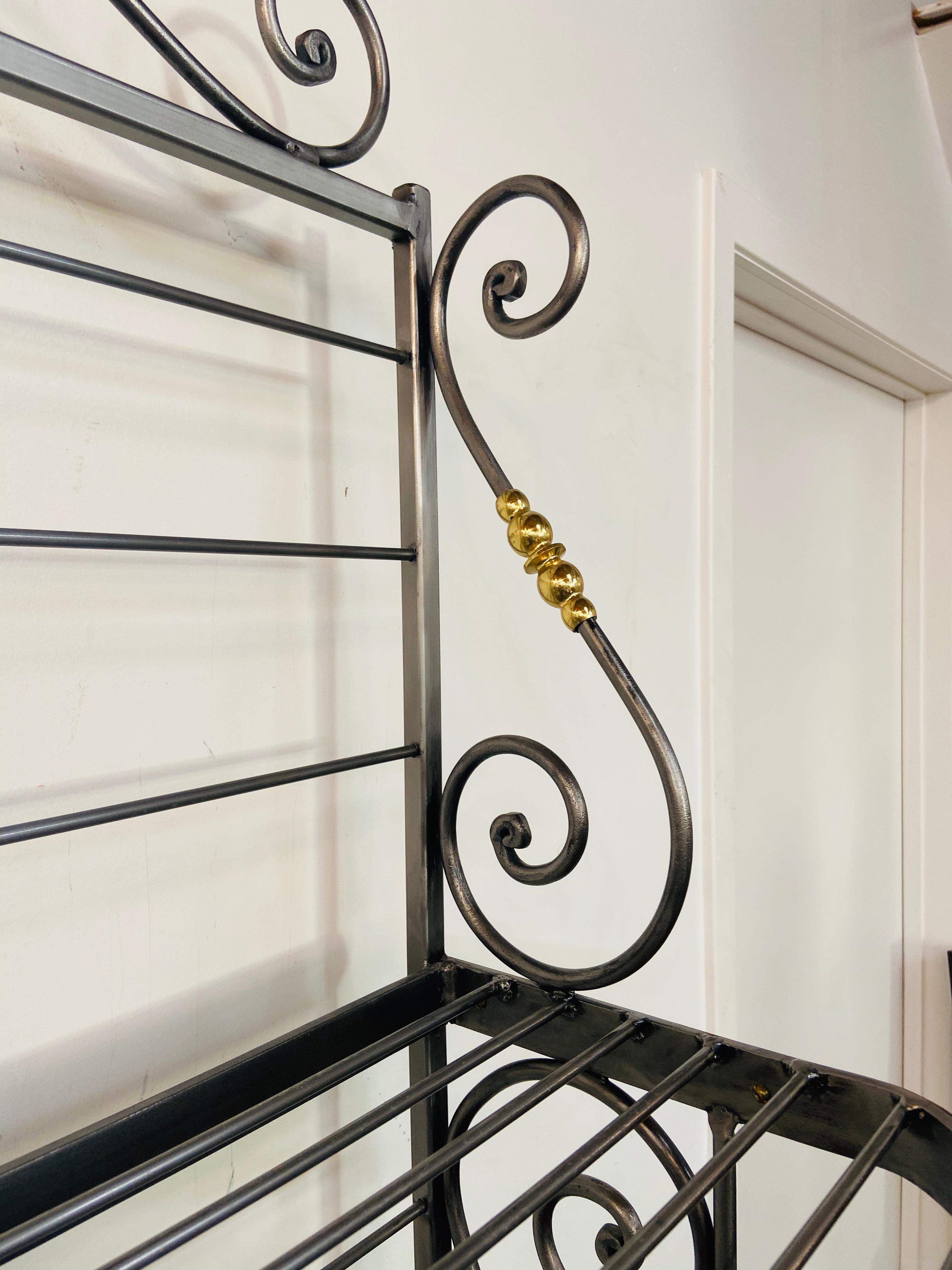 Hollywood Regency Bakers Rack or Shelf, Four-Tier Wrought Iron and Brass 6