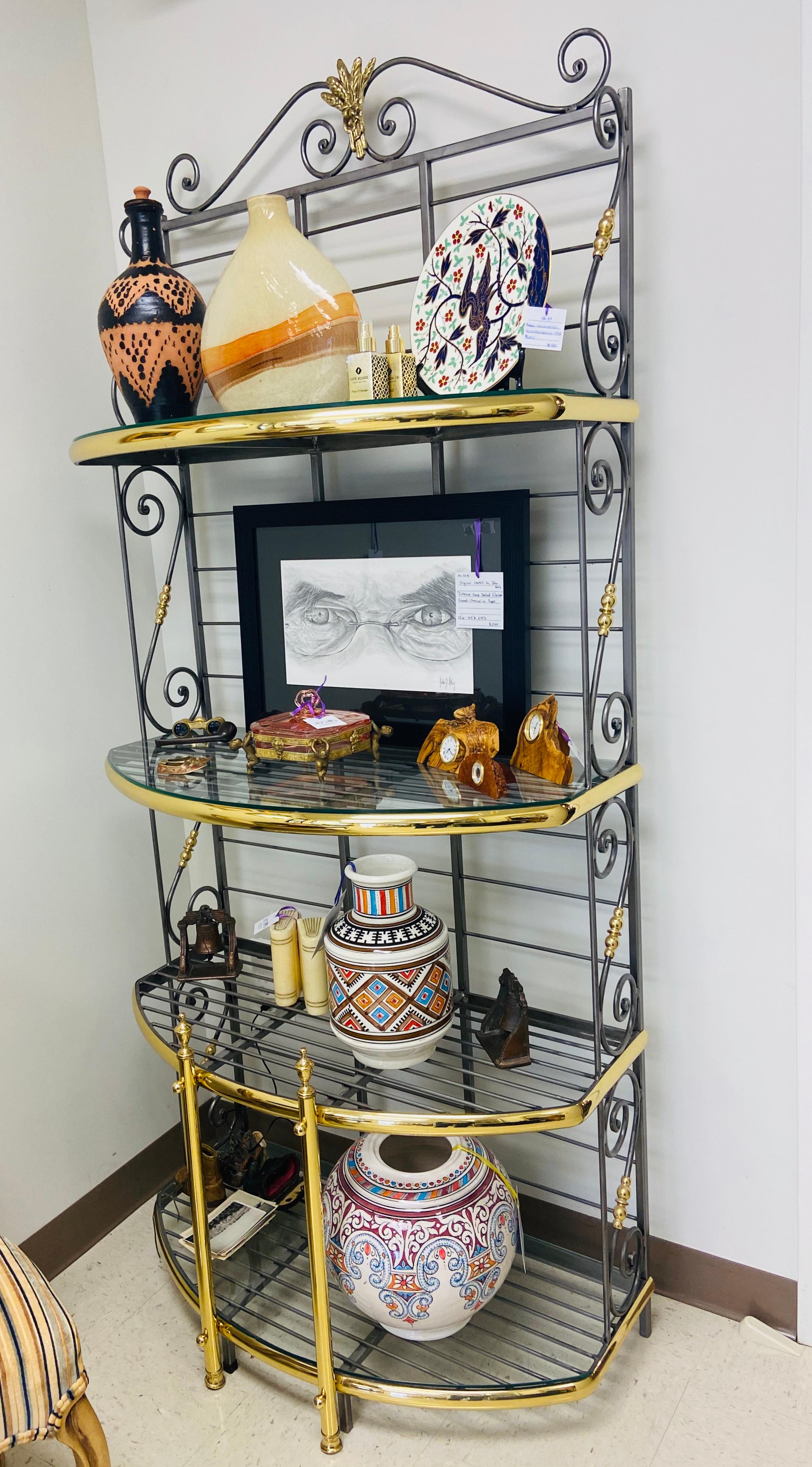 Hollywood Regency Bakers Rack or Shelf, Four-Tier Wrought Iron and Brass 9