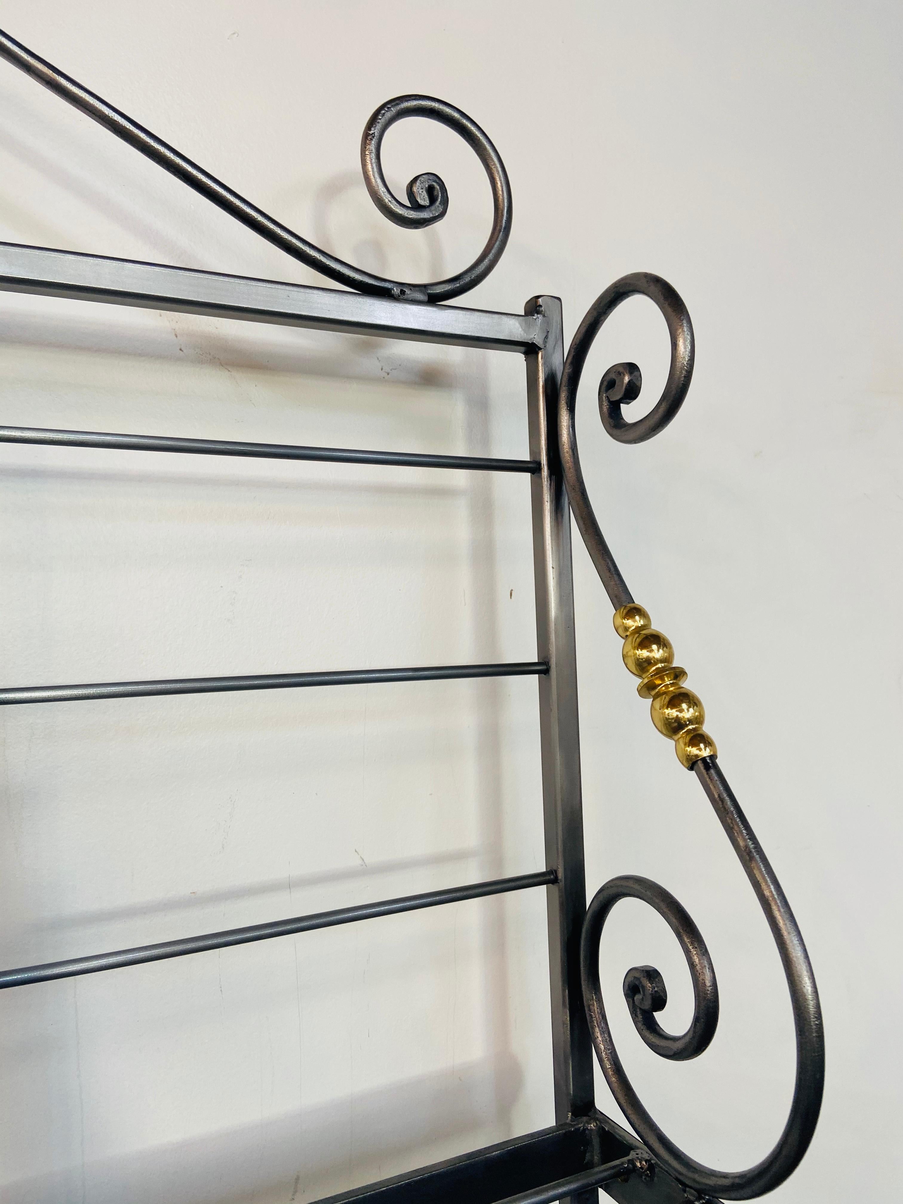 Hollywood Regency Bakers Rack or Shelf, Four-Tier Wrought Iron and Brass In Good Condition In Plainview, NY
