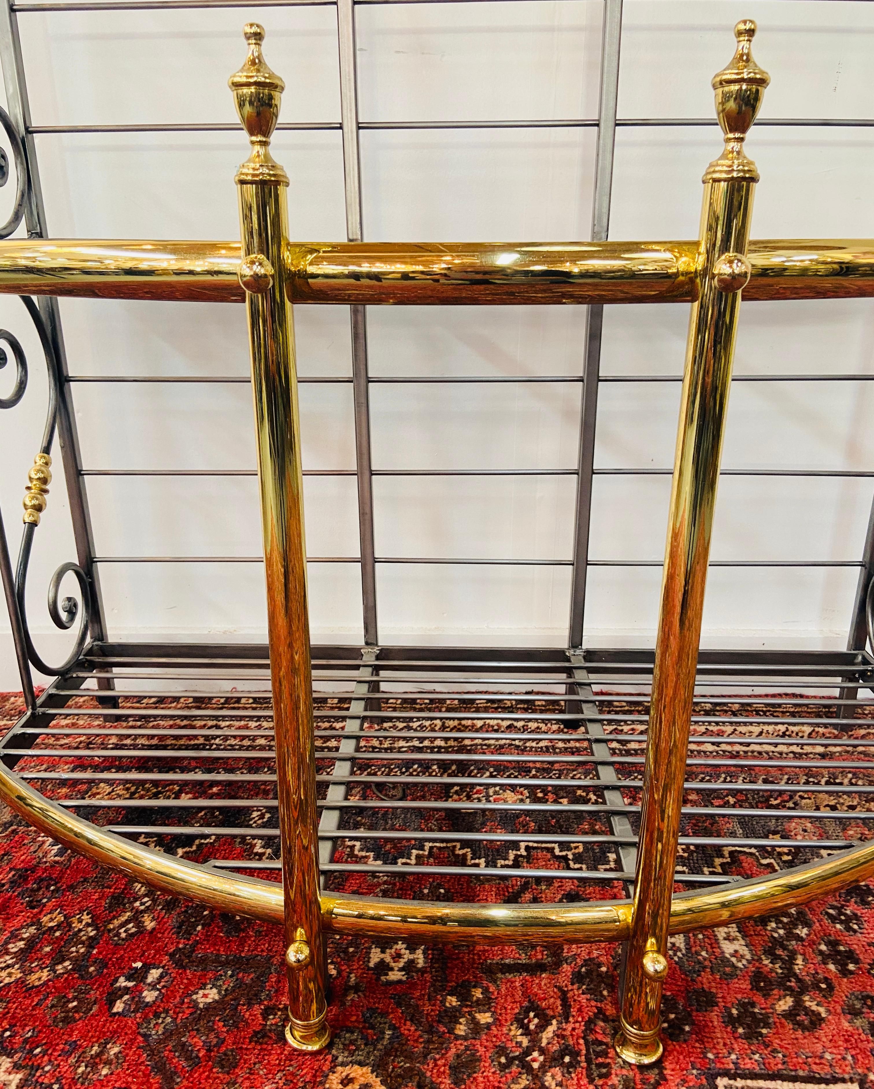 Mid-20th Century Hollywood Regency Bakers Rack or Shelf, Four-Tier Wrought Iron and Brass