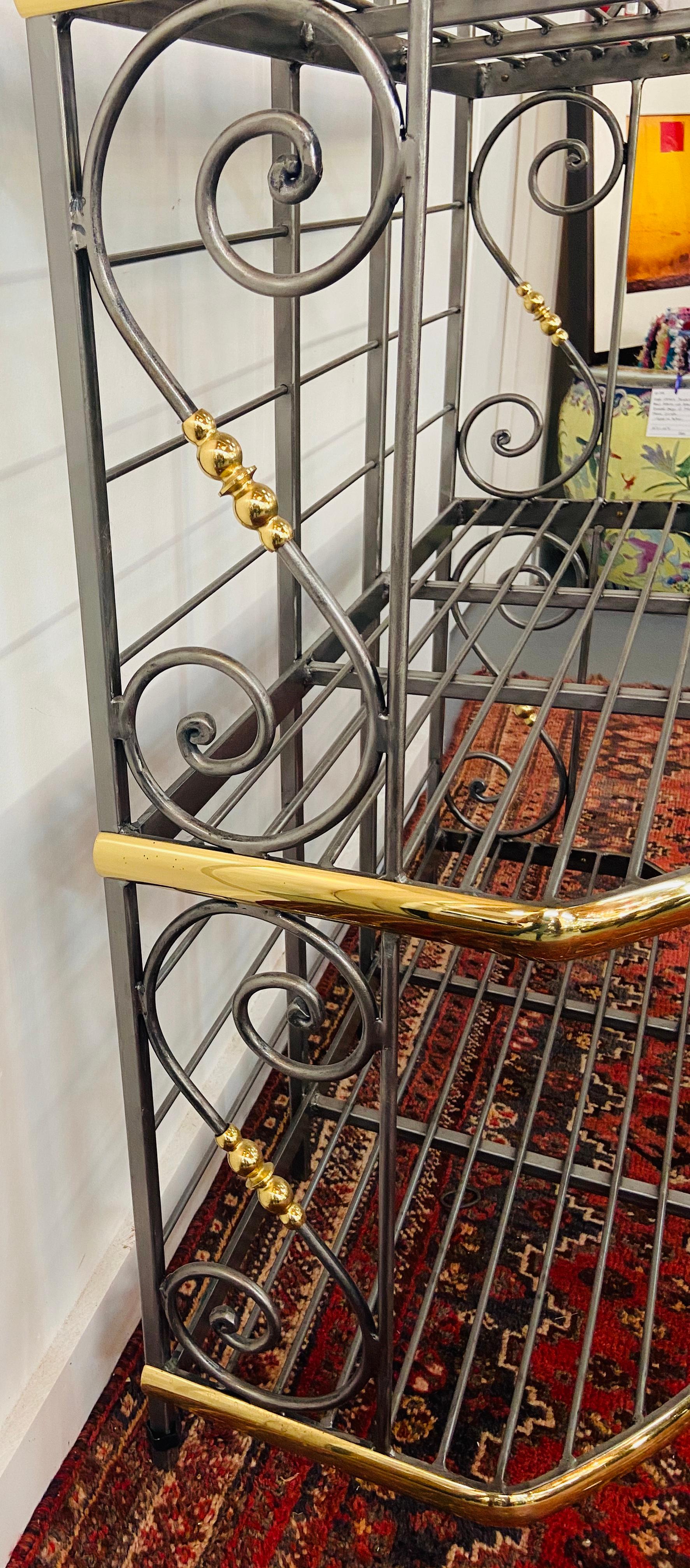 Hollywood Regency Bakers Rack or Shelf, Four-Tier Wrought Iron and Brass 1