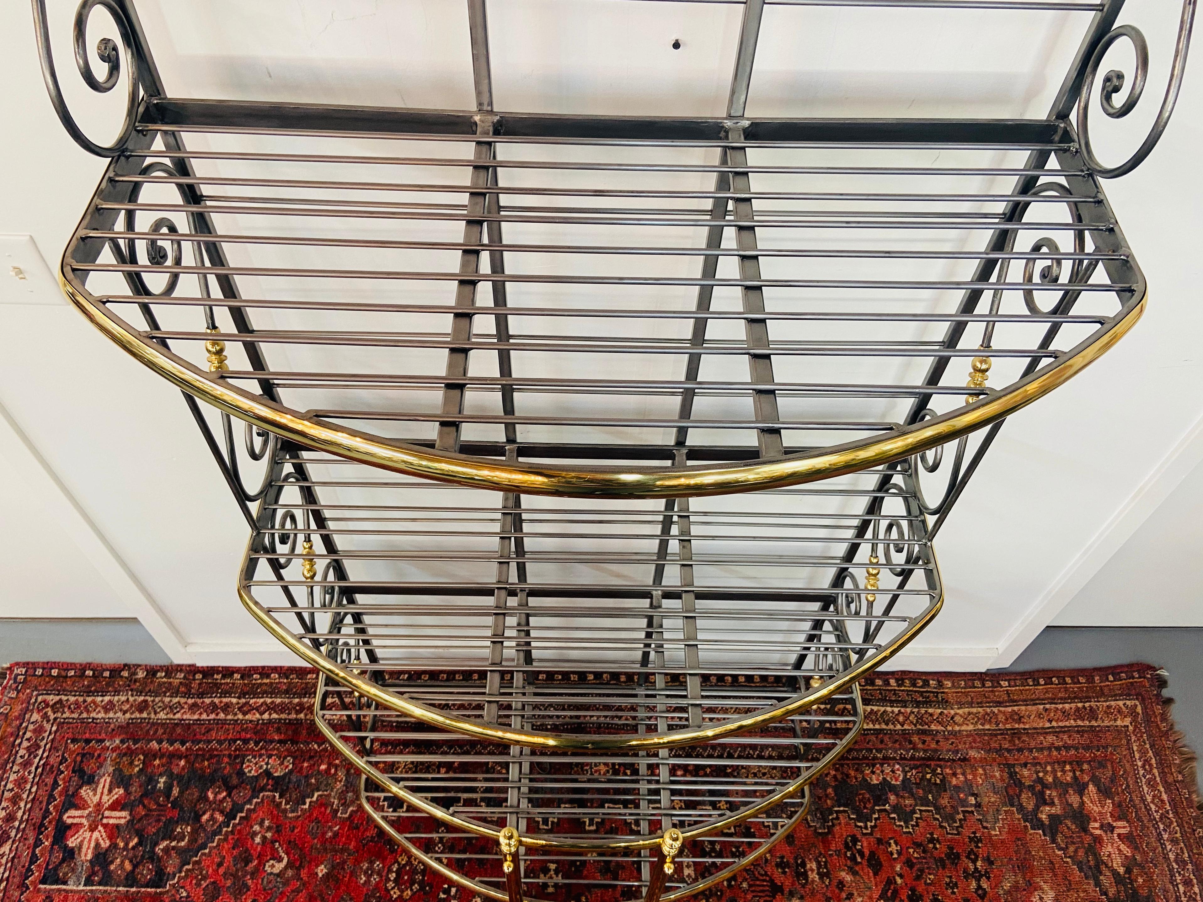 Hollywood Regency Bakers Rack or Shelf, Four-Tier Wrought Iron and Brass 3