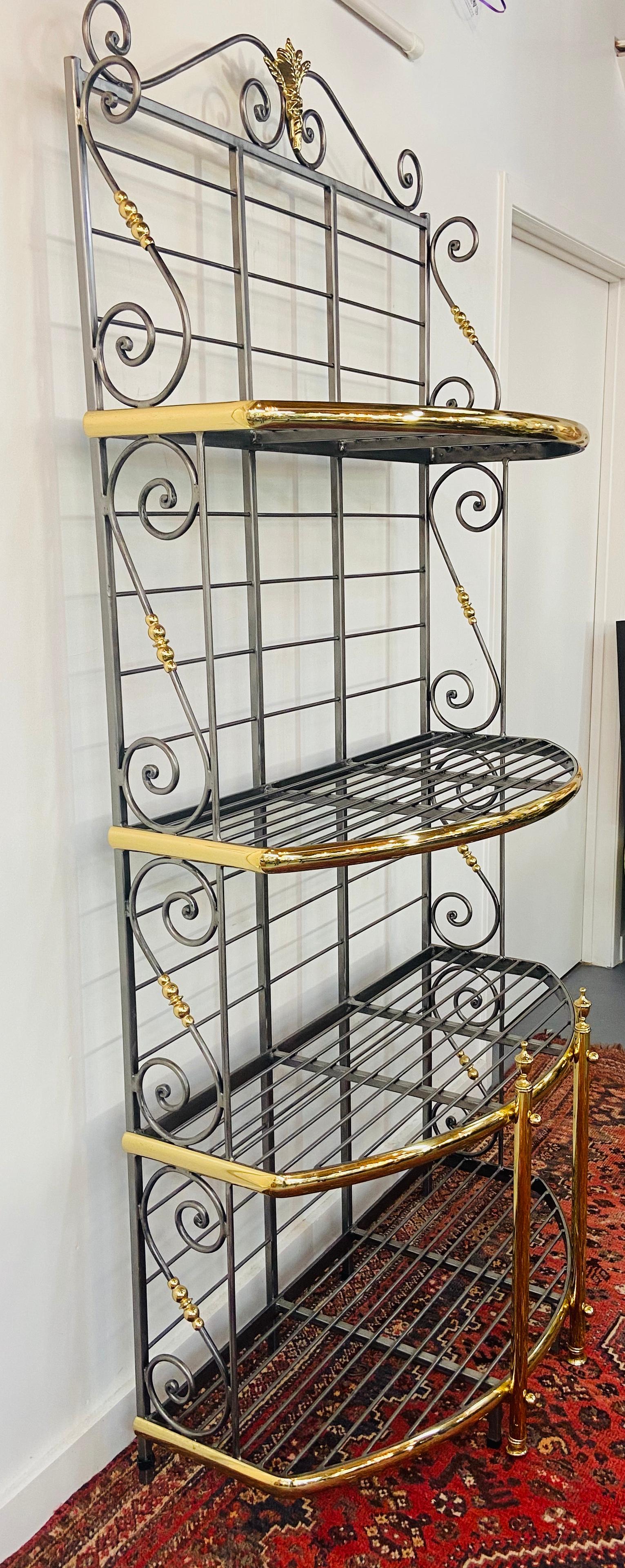 Hollywood Regency Bakers Rack or Shelf, Four-Tier Wrought Iron and Brass 4