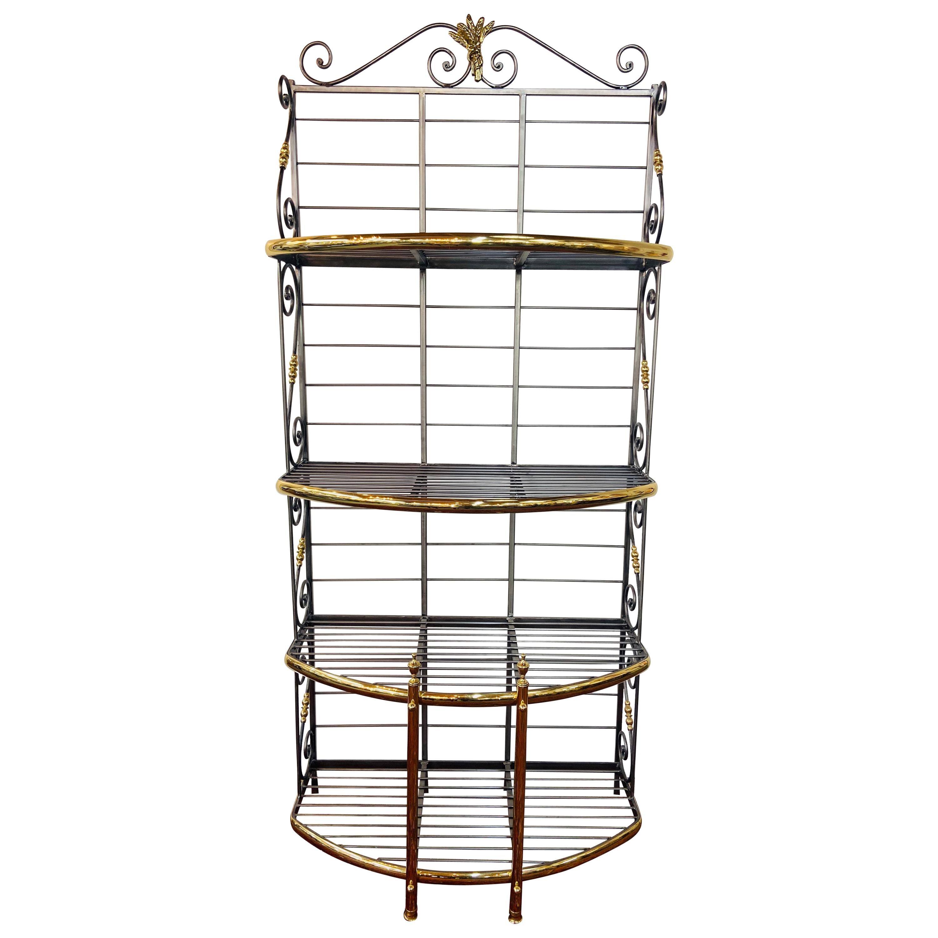 Hollywood Regency Bakers Rack or Shelf, Four-Tier Wrought Iron and Brass