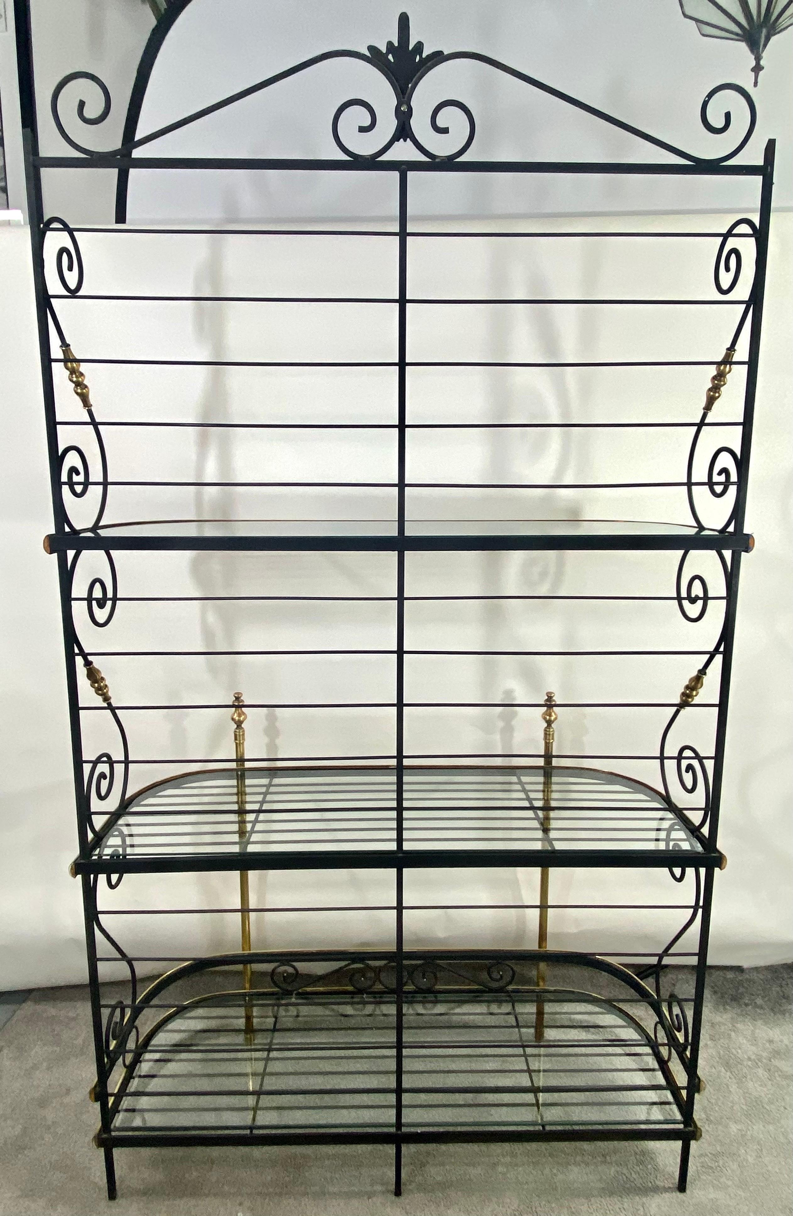 Hollywood Regency Baker's Rack or Shelf, Three-Tier Wrought Iron and Brass 8