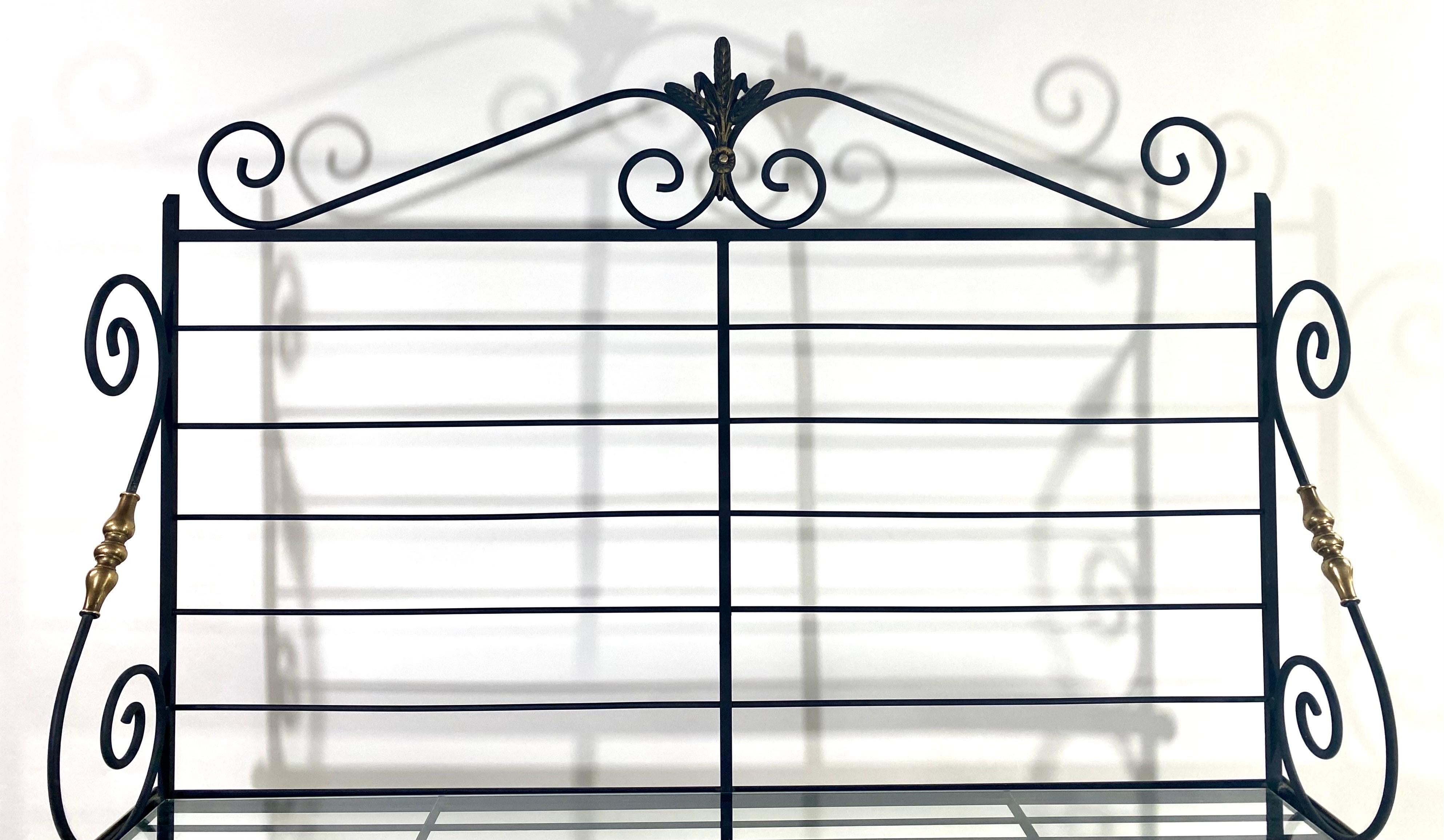 Hollywood Regency Baker's Rack or Shelf, Three-Tier Wrought Iron and Brass 11