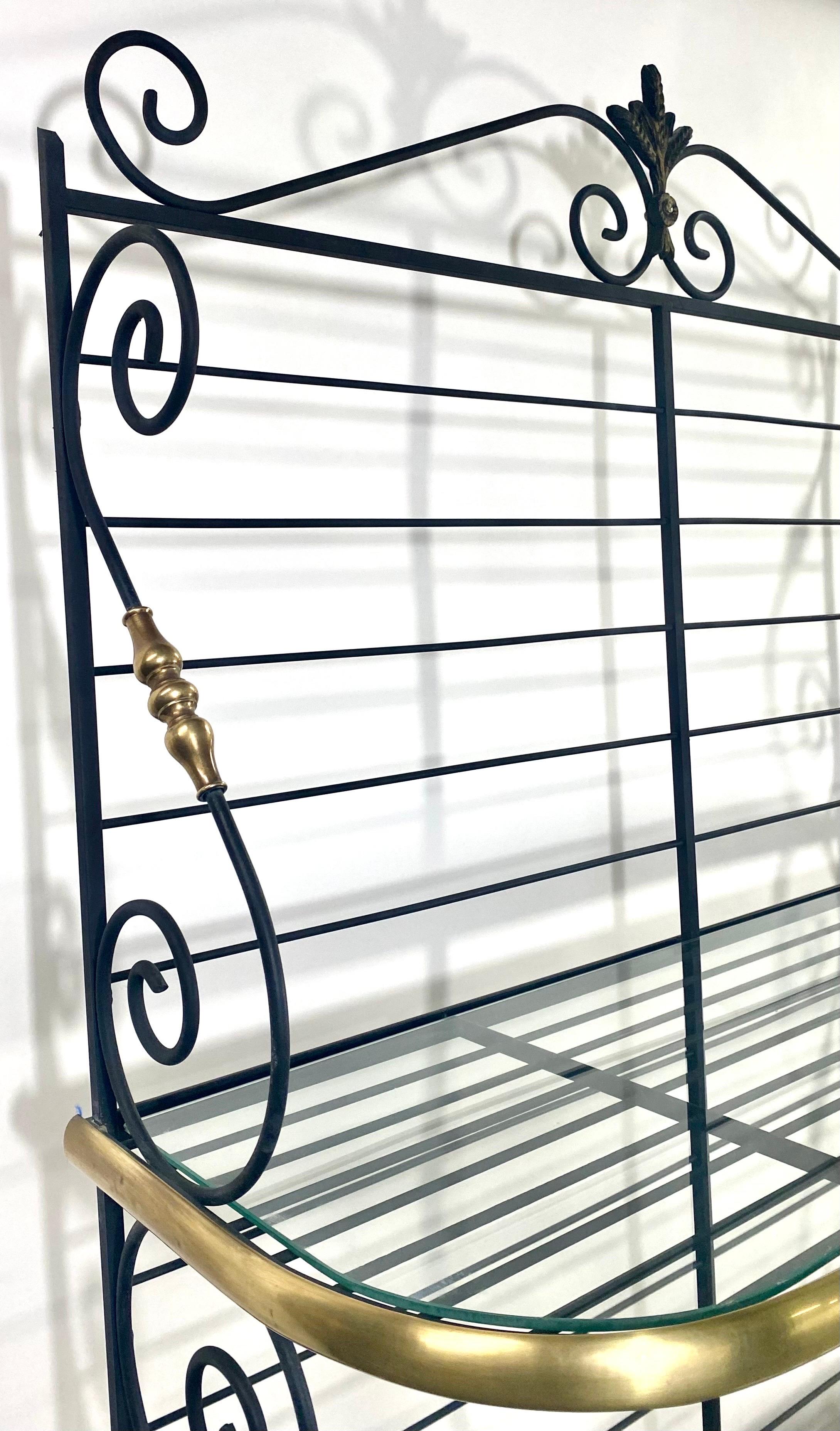 Hollywood Regency Baker's Rack or Shelf, Three-Tier Wrought Iron and Brass 12