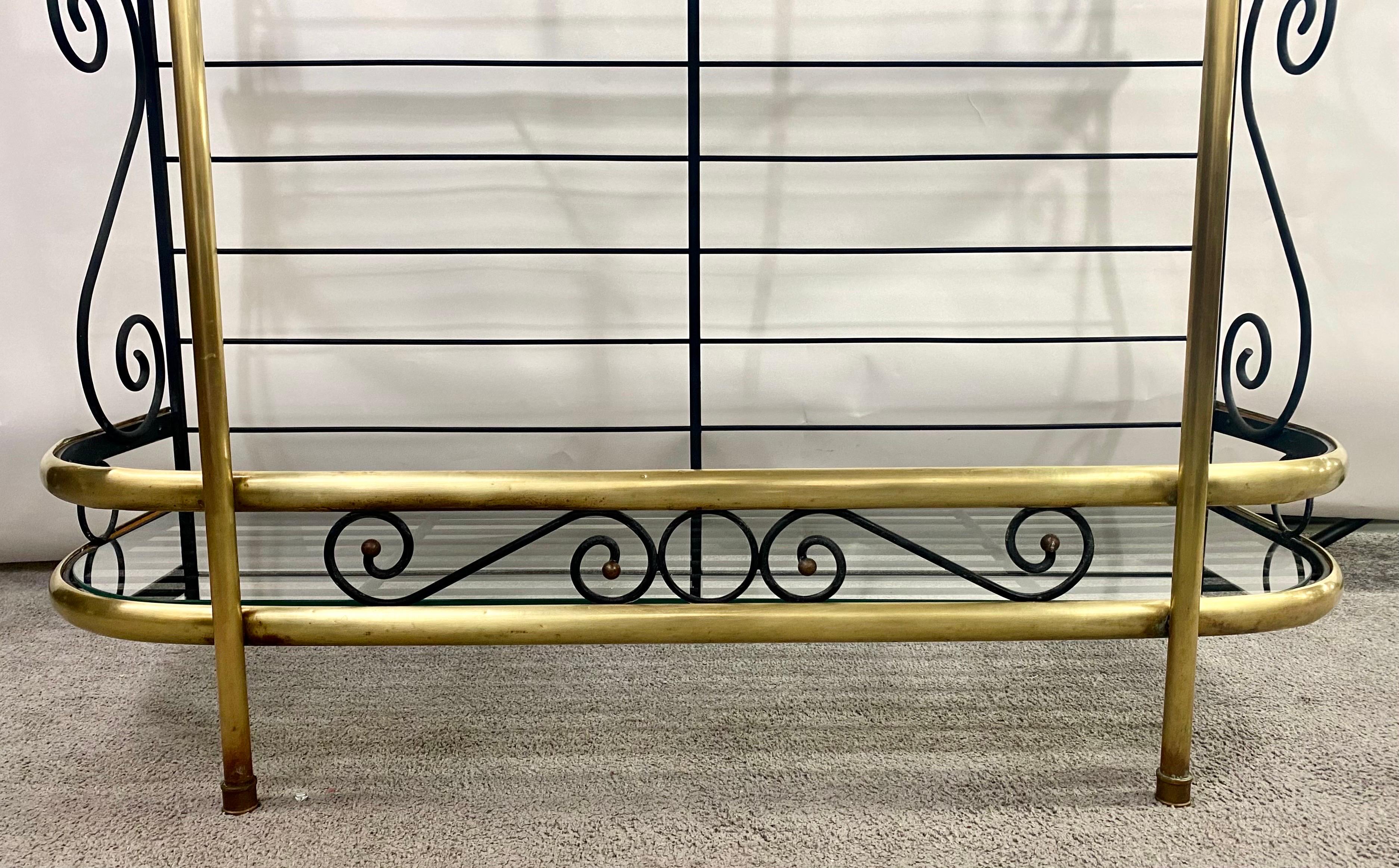 Hollywood Regency Baker's Rack or Shelf, Three-Tier Wrought Iron and Brass 13