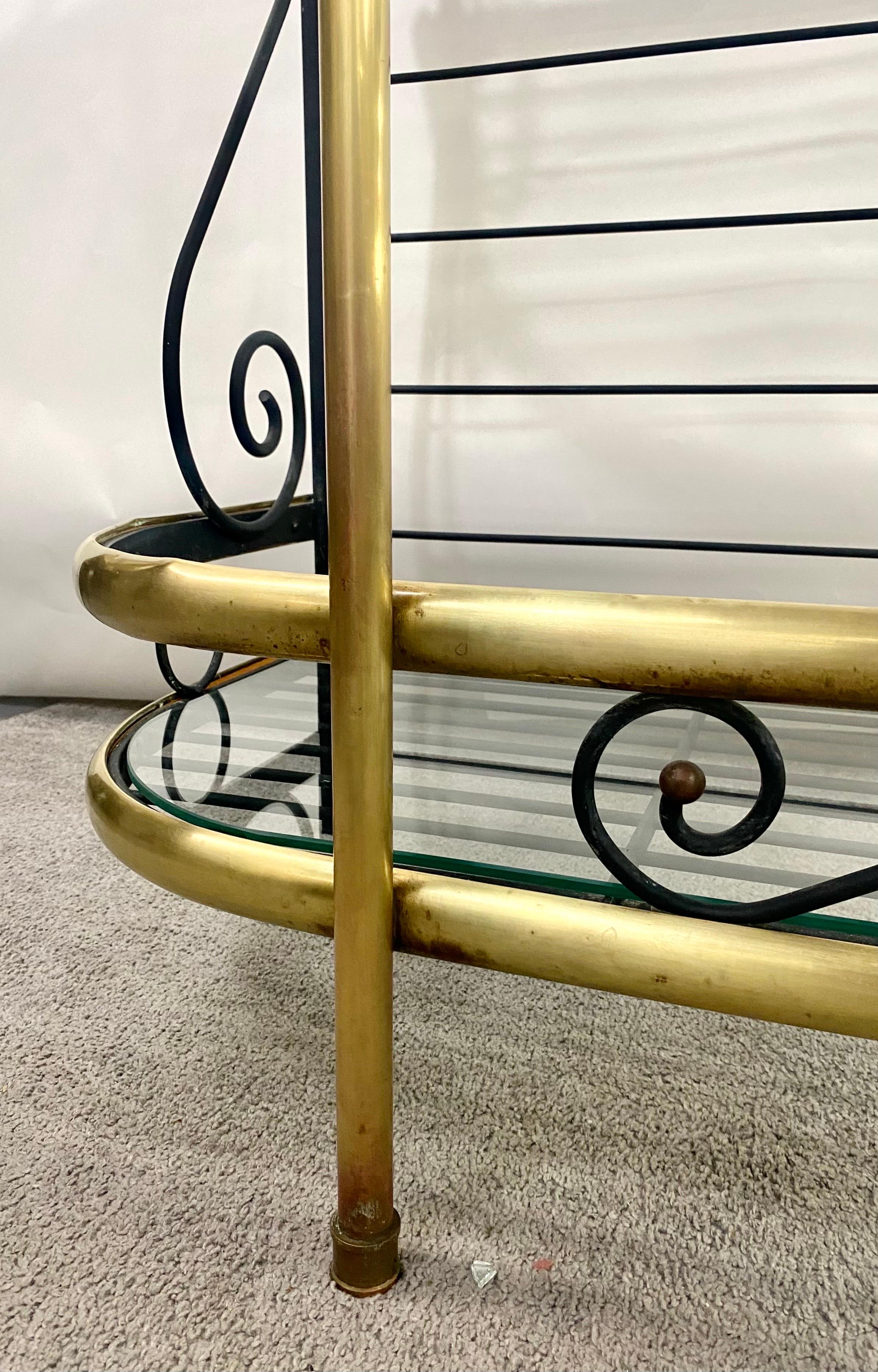 Hollywood Regency Baker's Rack or Shelf, Three-Tier Wrought Iron and Brass 14