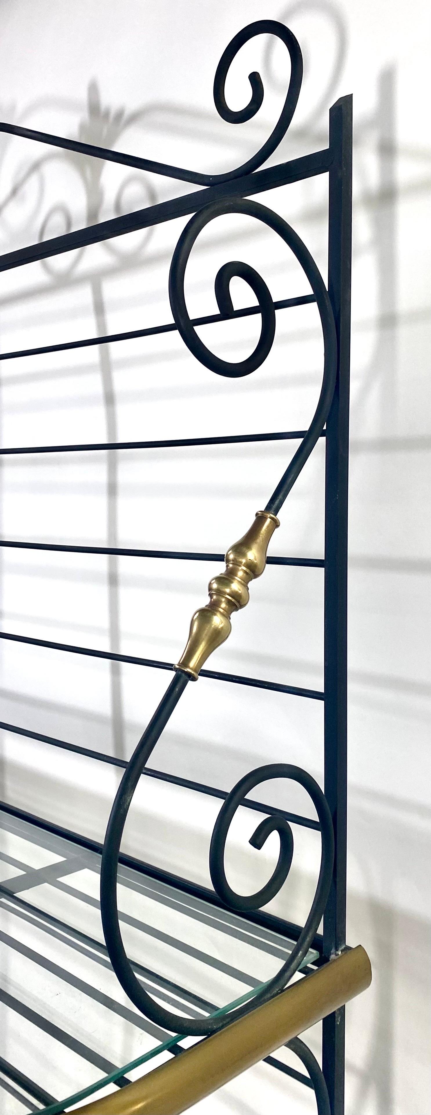Hollywood Regency Baker's Rack or Shelf, Three-Tier Wrought Iron and Brass 15