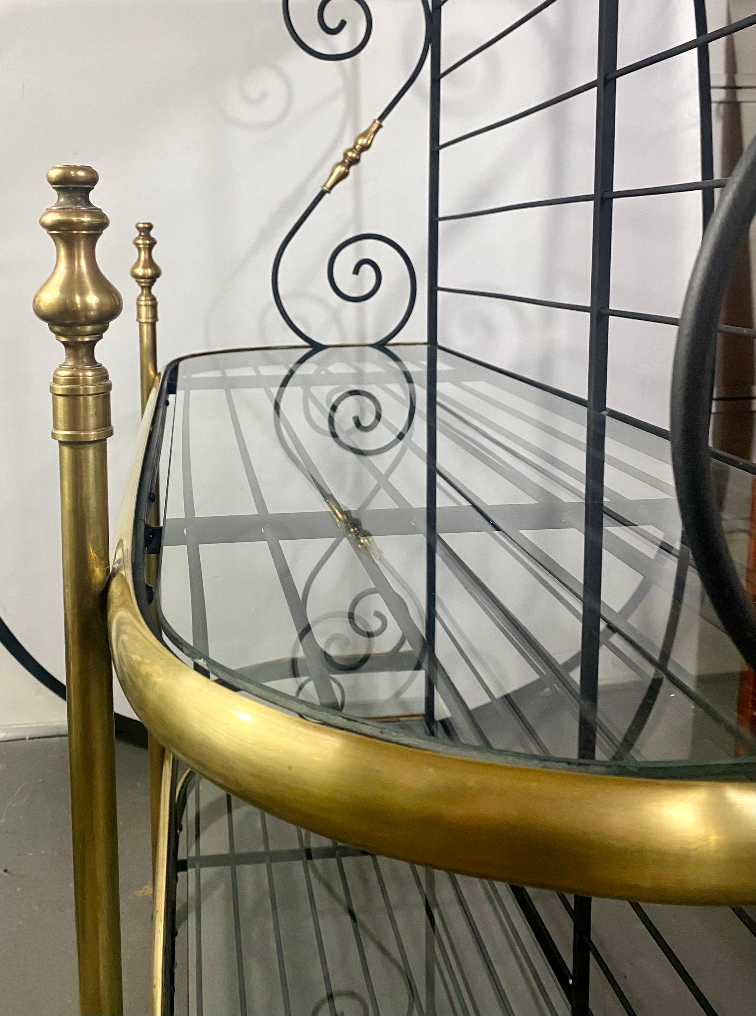 Hollywood Regency Baker's Rack or Shelf, Three-Tier Wrought Iron and Brass In Good Condition In Plainview, NY