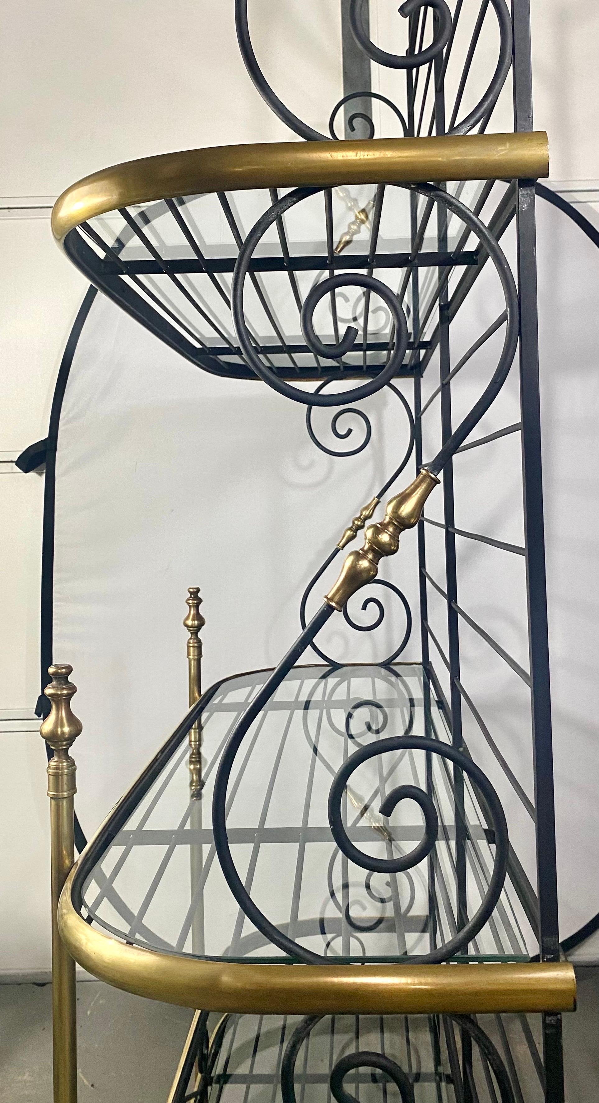 20th Century Hollywood Regency Baker's Rack or Shelf, Three-Tier Wrought Iron and Brass